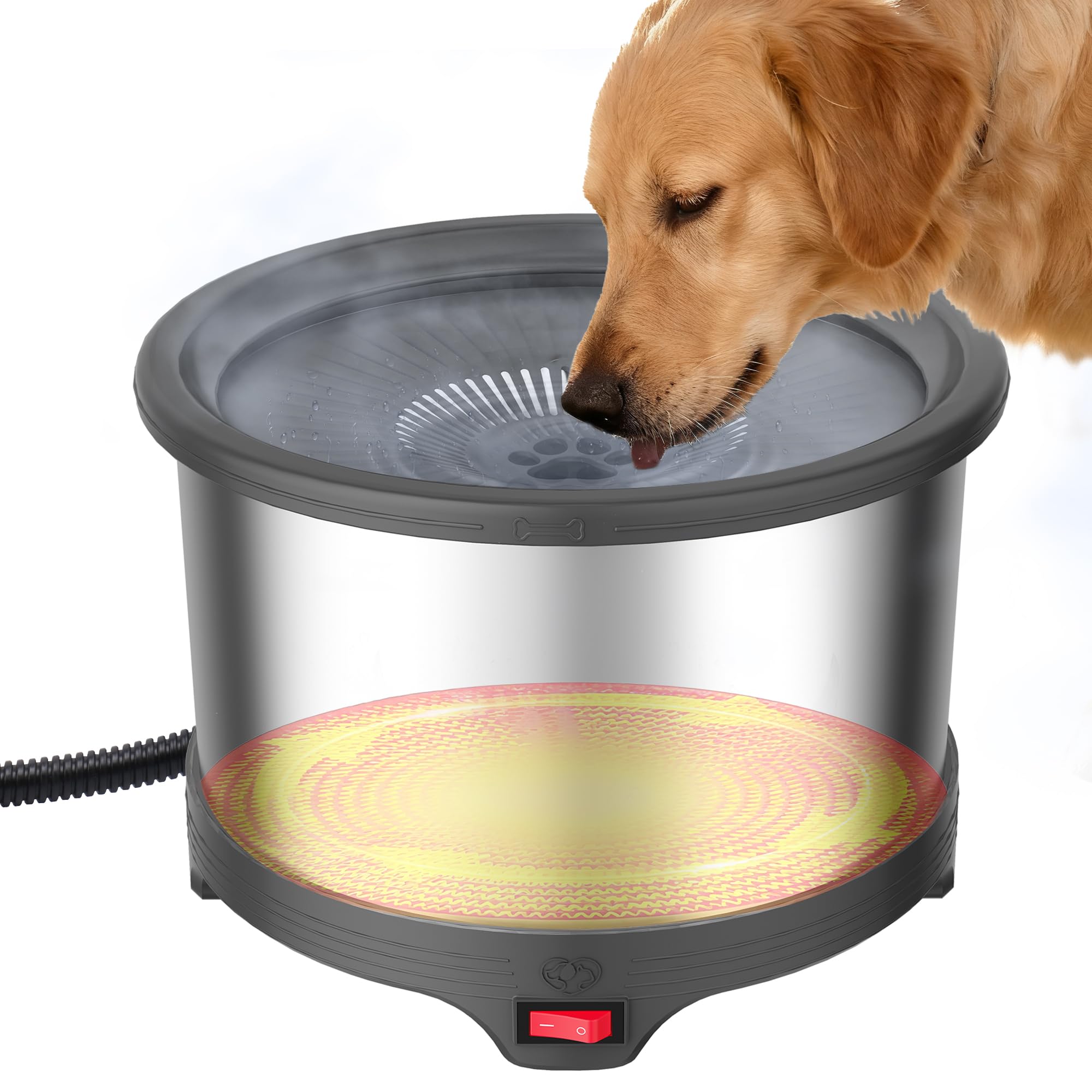 Cuenco térmico para perros de 6,5 L, cuenco de agua caliente de acero inoxidable para exteriores | Gran capacidad, diseño de bebida lenta, agua tibia para perros en invierno, control de termostato, cuenco sin congelación