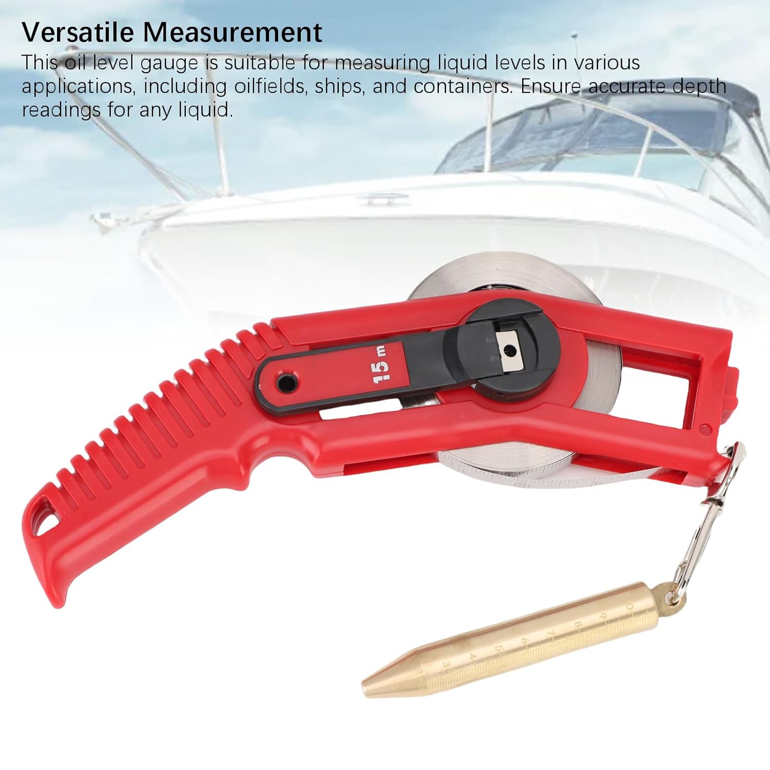 Fuel Level Meter for Yachts Ships, Carbon Steel Tape, ABS Handle, Copper Weight, Designed for Comfort, Ensures Accurate Readings with Ni Plated Tape (15m)