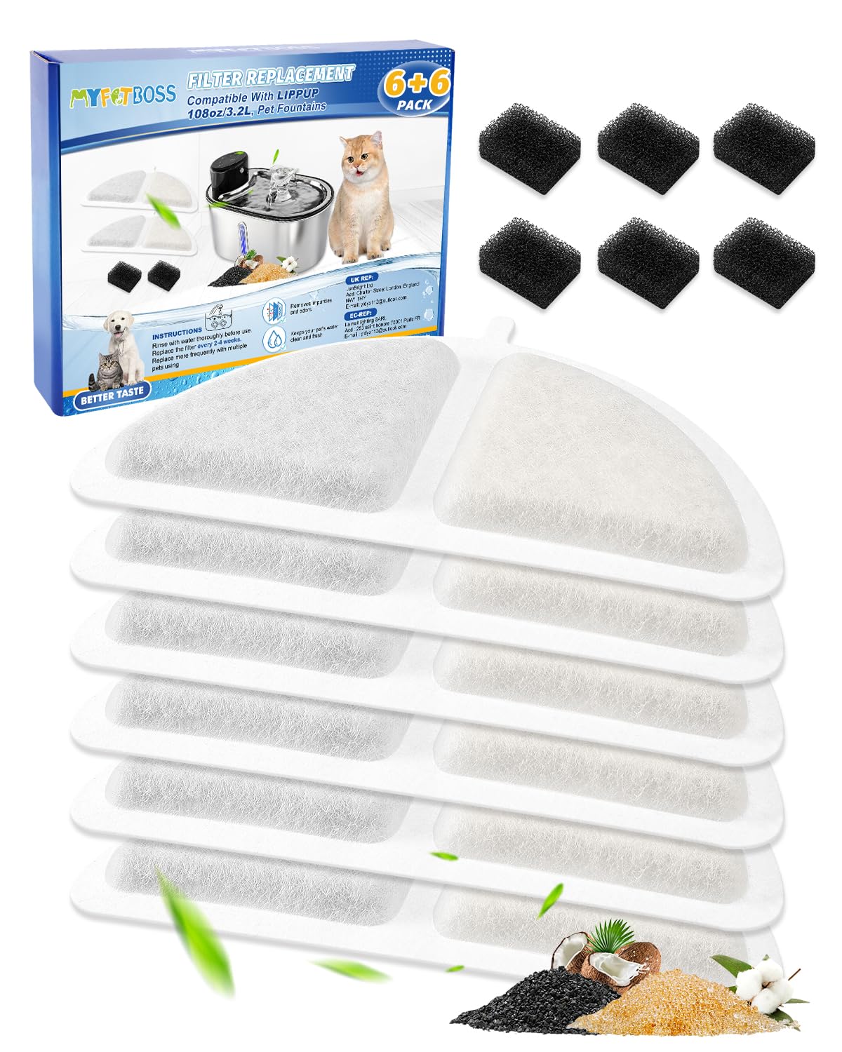 6+6 Cat Fountain Filters Replacement Compatible with LIPPUP 3.2L