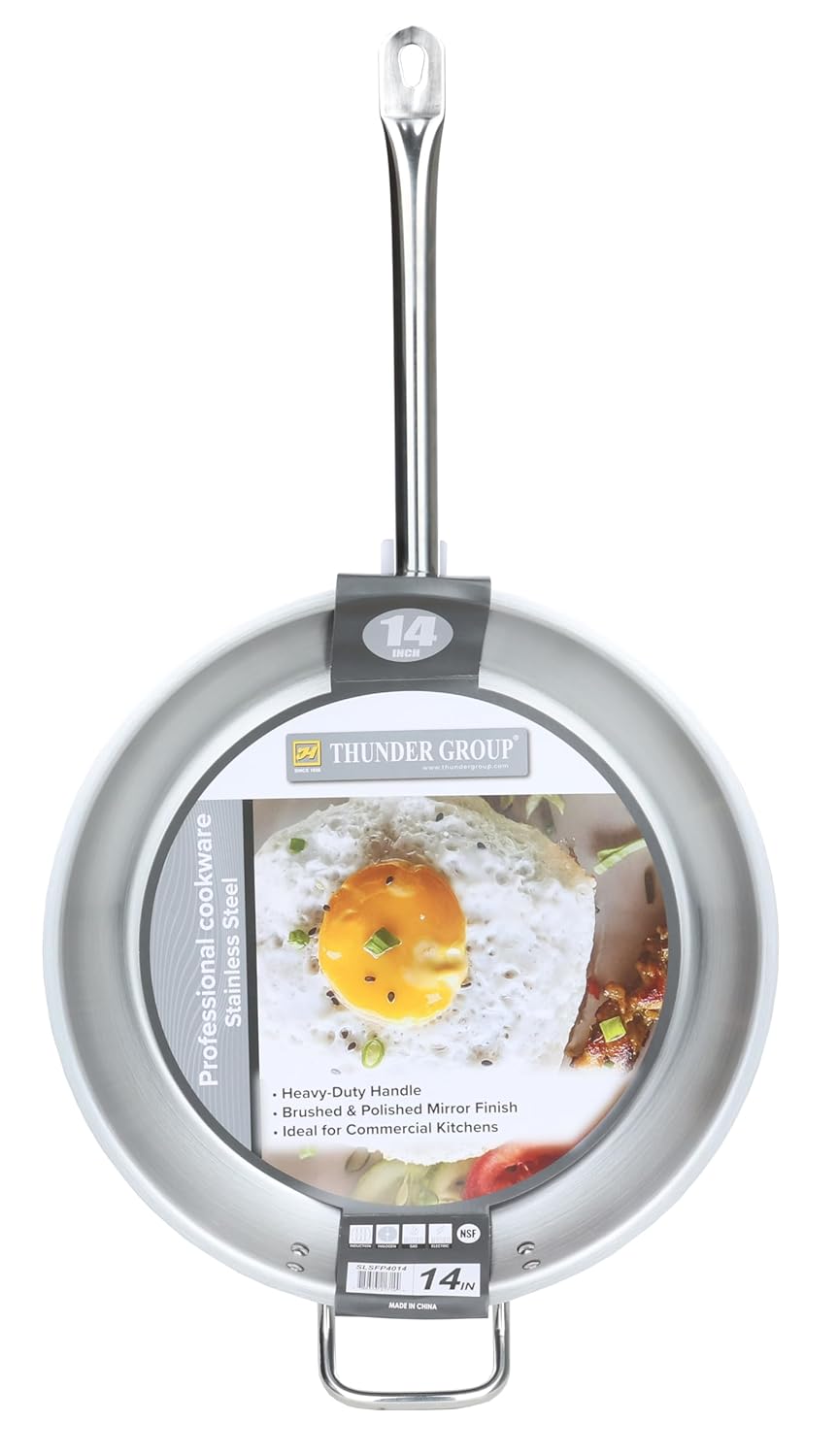 Thunder Group SLSFP4014 14" Frying Saute Skillet Pan with Encapsulated Base for Restaurant Diner Cafeteria | Oven Induction Halogen Gas Electric Cooktop Safe | 14"D x 2-5/8"H, Stainless Steel | NSF
