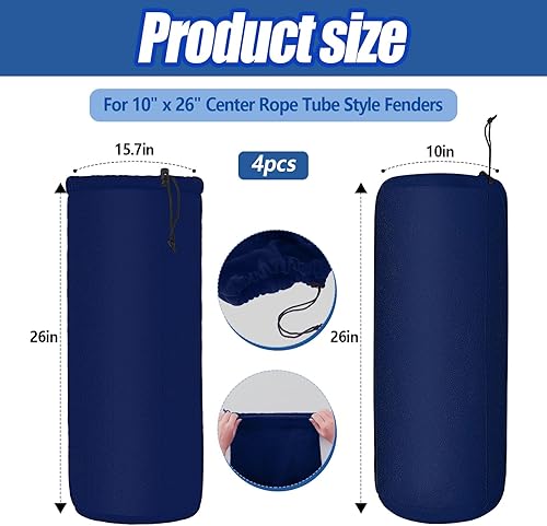 Miniatura 3 de Paquete de 4 fundas para guardabarros de lancha de 10 x 26 pulgadas, fundas de parachoques marinos de forro polar para guardabarros estilo tubo de