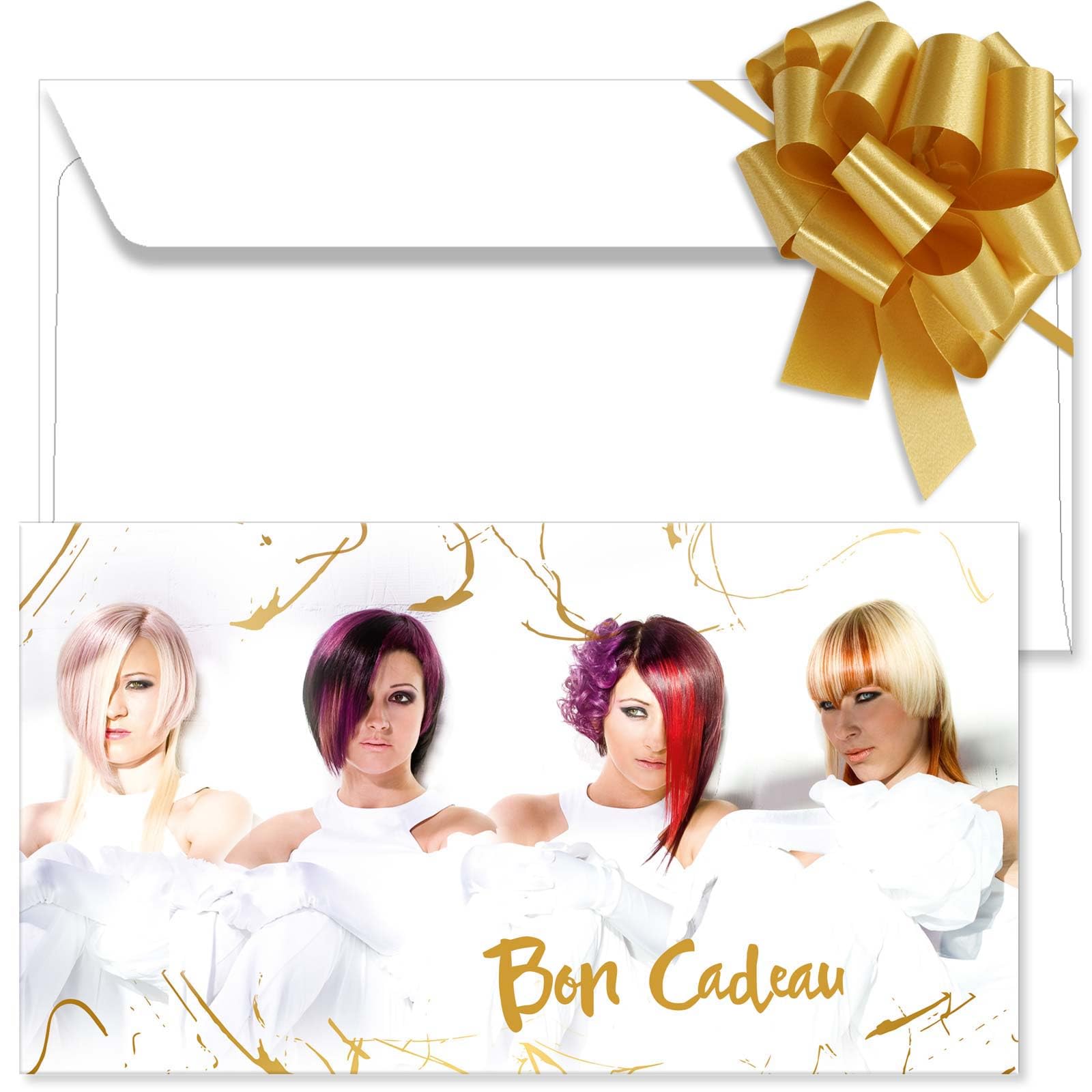 POS BON - 100 bons cadeaux à remplir avec enveloppe/nœud ruban - formulaires imprimés pour des salons de coiffure K1299F-2-100-V1