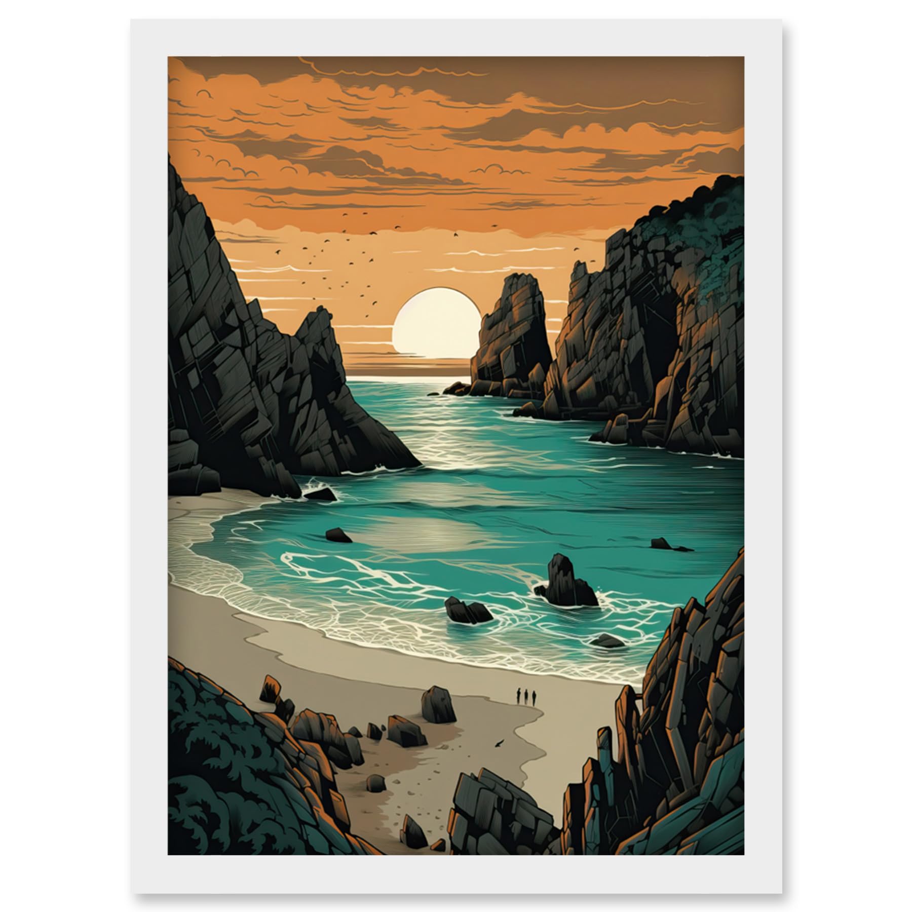 Artery8 Porthcurno Beach Sunrise Coastal Landscape Artwork Framed Wall Art Print A4