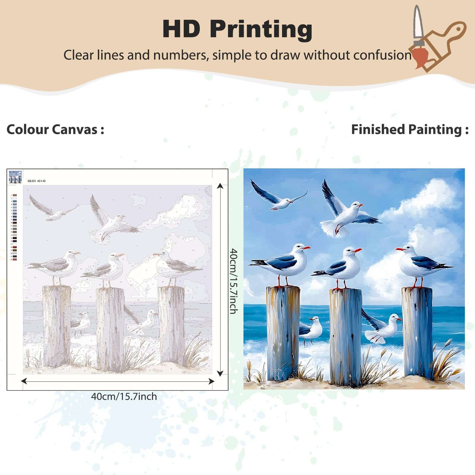 Kit Peinture Par Numéros Pour Adultes KEYIFA - Mouettes, Toile 30x40cm, Avec Pinceaux Et Peintures