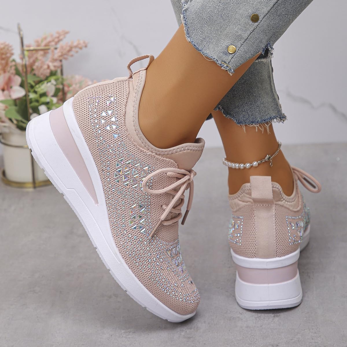 Donna Glittery Rhinestone Fashion Breathable Wedge Sneakers, Sparkly Platform Trainers Lightweight Comfy Slip On Walking Shoes, rosa., 40 EU