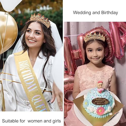 Miniatura 6 de Juego de banda y tiara de diamantes de imitación de "Birthday Queen", decoraciones de CURASA para cumpleaños, banda de cumpleaños, tiaras y coronas