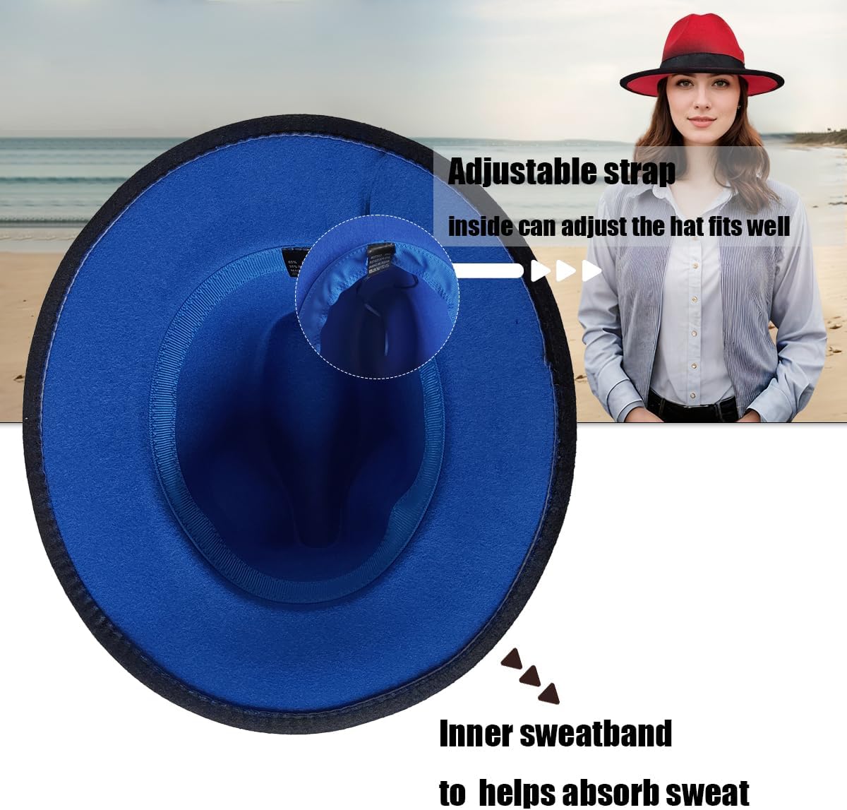 Fedora Hat for Men and Women, Classic Woolen Adjustable Felt Panama Hat with Feather Wide Brim Gradient Jazz Cap