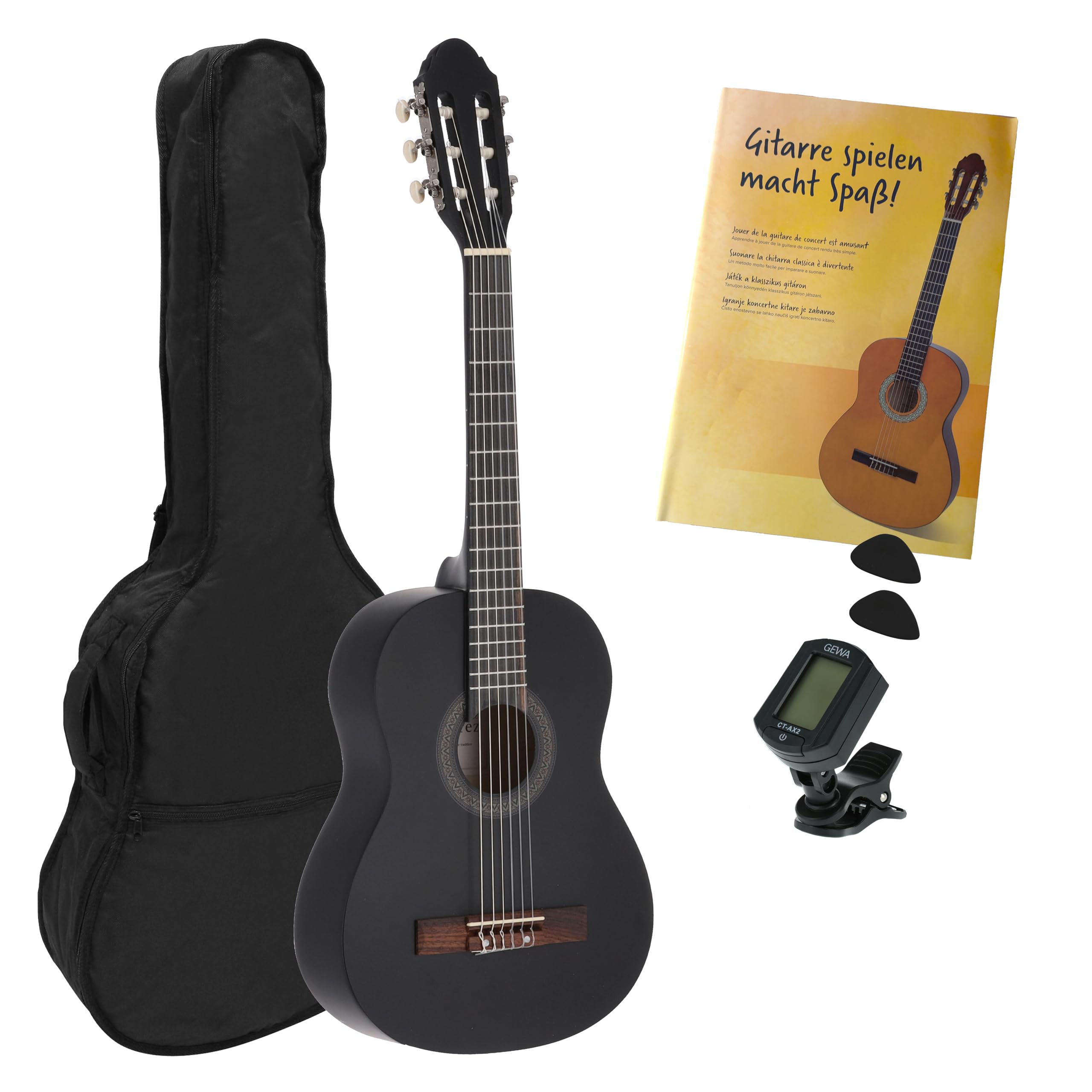 Chitarra Classica 1/2 Nero Starter Set con Borsa, Plettri, Libro, Accordatore