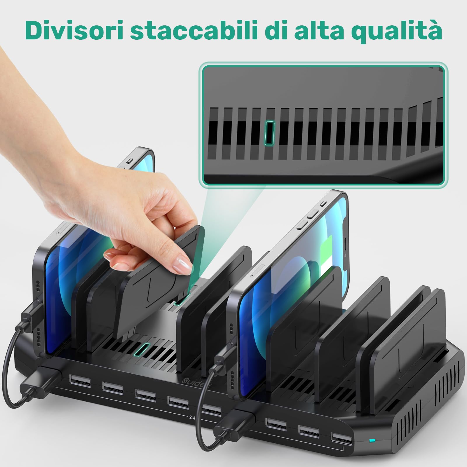 SUIDEK Stazione Di Ricarica Multipla A 10 Porte, Caricatore USB Da 60 W Per Più Dispositivi Con Divisori Regolabili, Compatibile Con Tablet, Smartphone