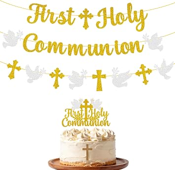 First Holy Communion Banner Glitter Cross and Dove Garland with Cake Topper Set for Holy First Communion Baby Shower Decor God Bless Christening Baptism Party Decorations