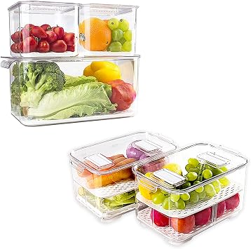 elabo Food Storage Containers Fridge Produce Saver- Stackable Refrigerator Organizer Keeper Drawers Bins Baskets with Lids and Removable Drain Tray for Veggie, Berry and Fruits