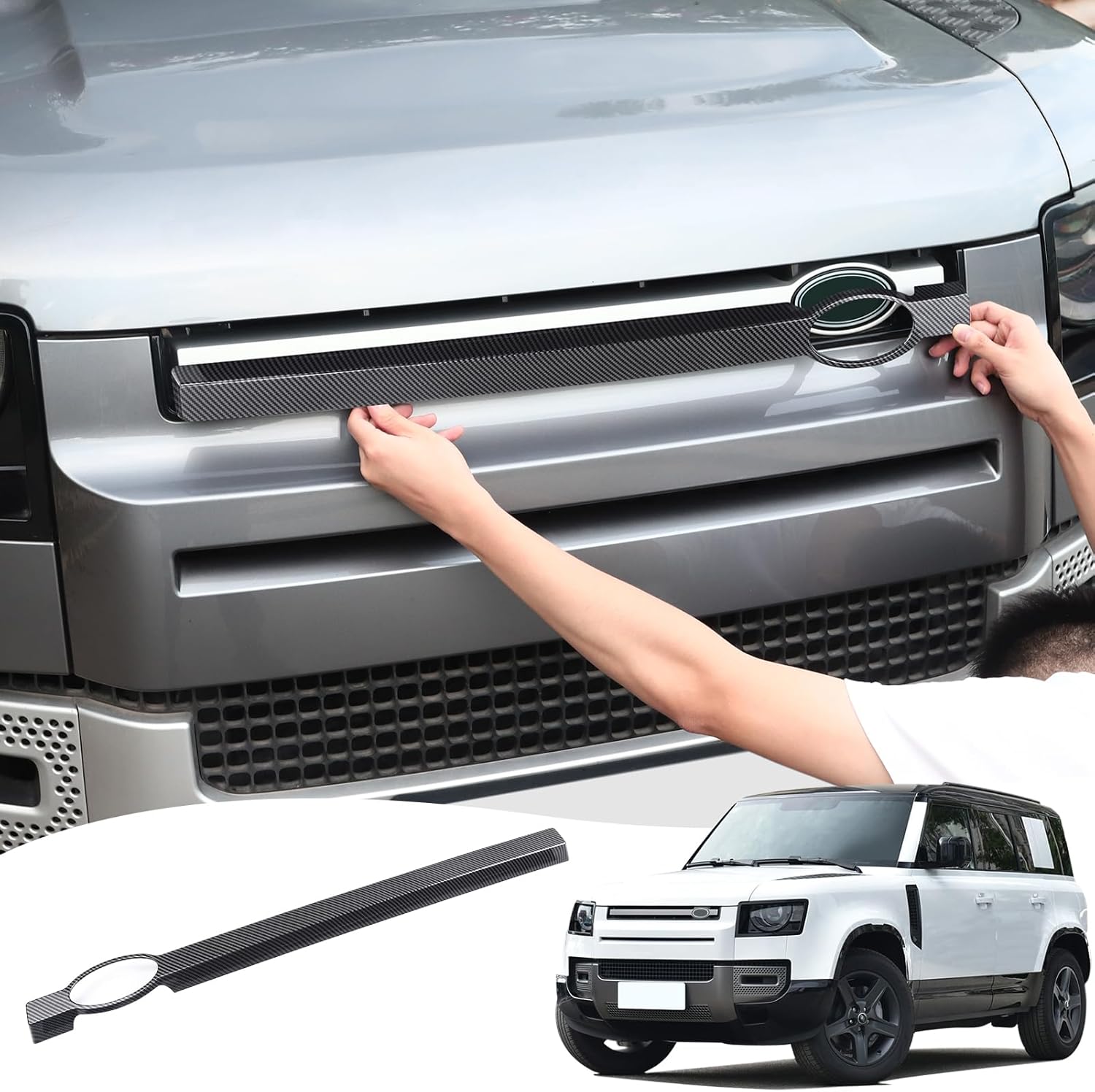 Medium Mesh Grille Trim for 2020-2025 2026 Land Rover Defender 90 110 130 Front Hood Emblem with English Letters Body Trim Strip Dark Black Exterior Kit Aftermarket Accessories (Carbon fiber texture)