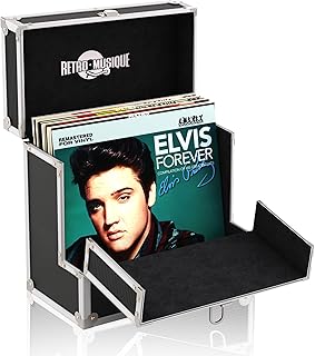 Retro musique Aluminium 12" Vinyl Record Storage Case with Unique Folding Front Flap for Better Access to Your LPs,Holds up to 40 LPs,(in PVC Sleeves) Includes 40 Vinyl Record Outer Sleeves(Black)