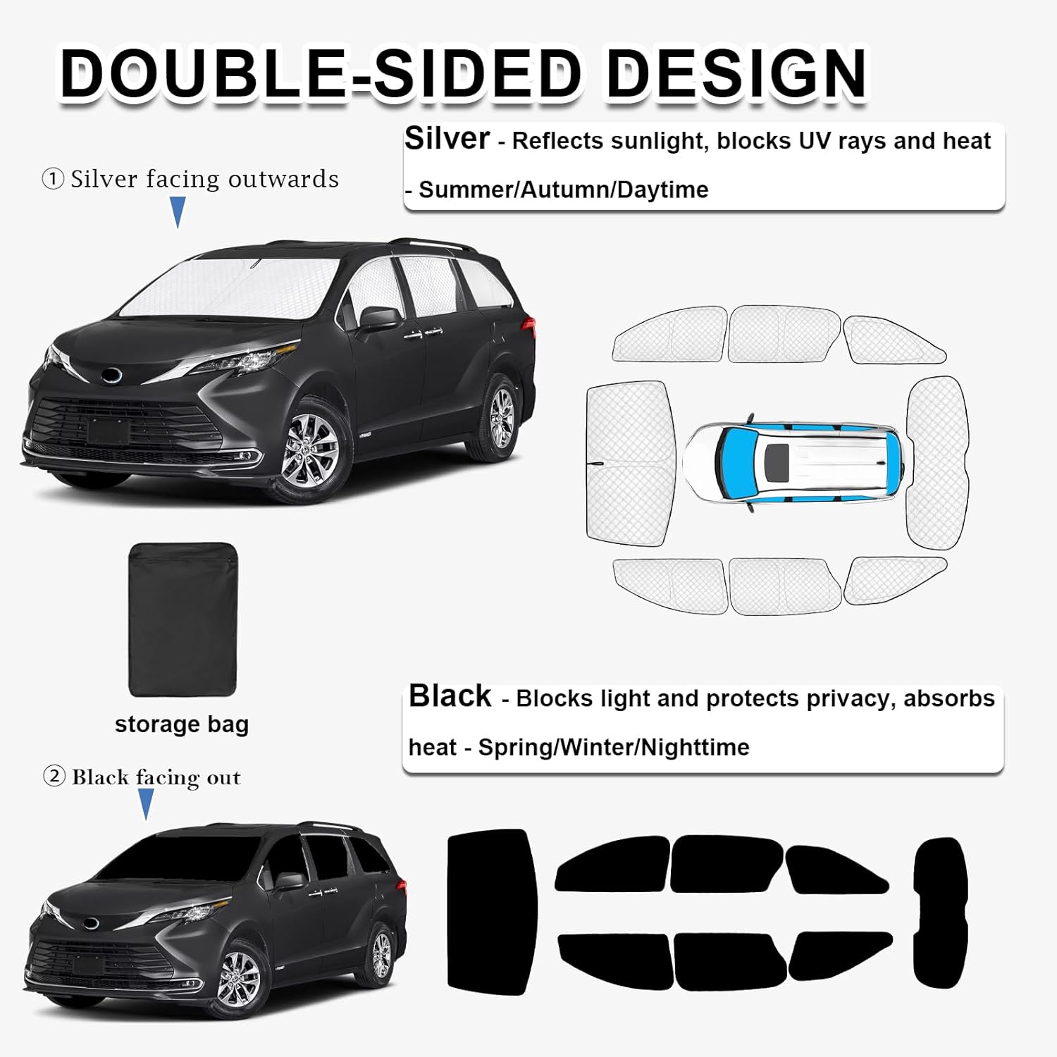 KMF 8pcs Thicken Full Sun Shades for Toyota Sienna 2021-2025 2026 Accessories,Car Window Covers Sunshade for Windshield Side Rear, UV Block and Blackout Privacy for Camping Outdoor