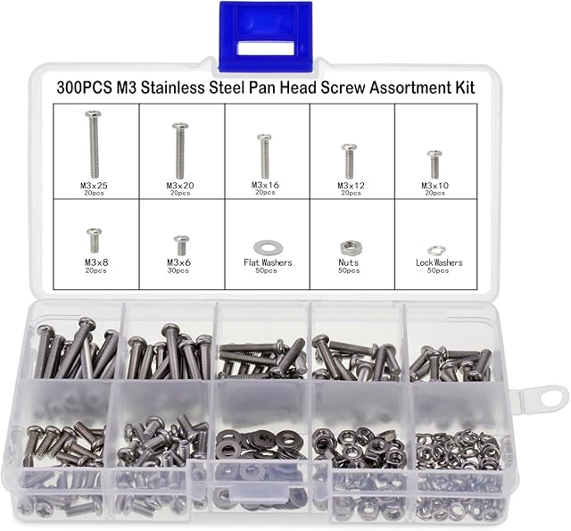Aussel Pan Head Screw Bolts Nuts Stainless Steel M3 Screw Nuts Assortment with Lock Flat Washers 300PCS (Pan Head Screws-300PCS)
