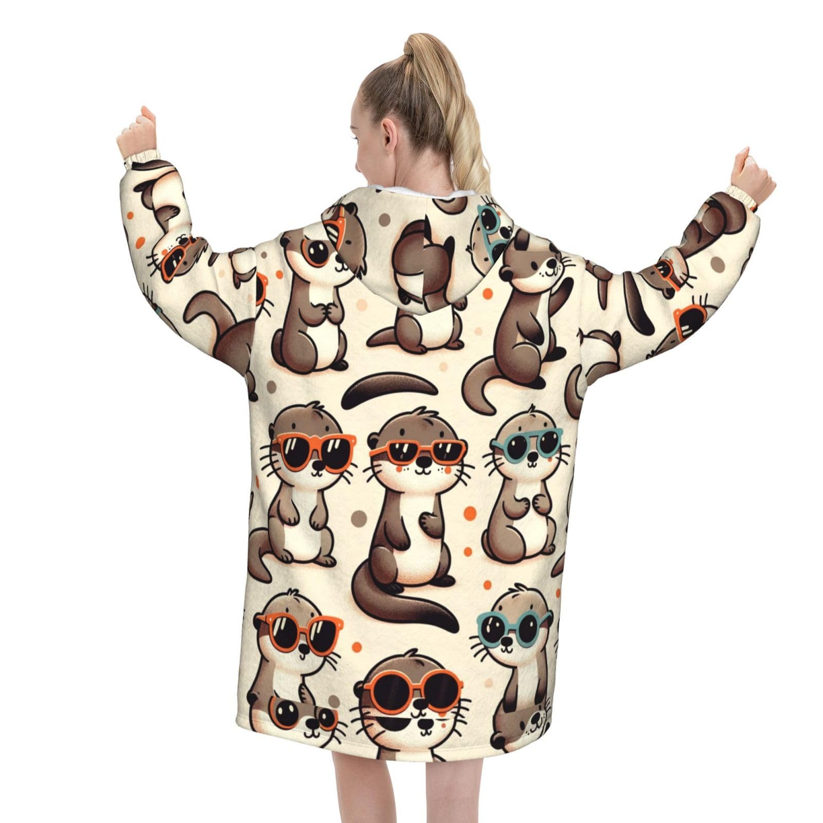 Augenstern Oversized Flannel Wearable Blanket Hoodie For Adult Otter-Wearing-Sunglasses Soft Fuzzy Hooded Lounging Pullover
