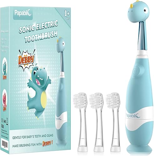 Papablic Cepillo de dientes eléctrico sónico para niños de 1 a 3 años, cepillo de dientes eléctrico para bebé con bonita cubierta de dinosaurio y
