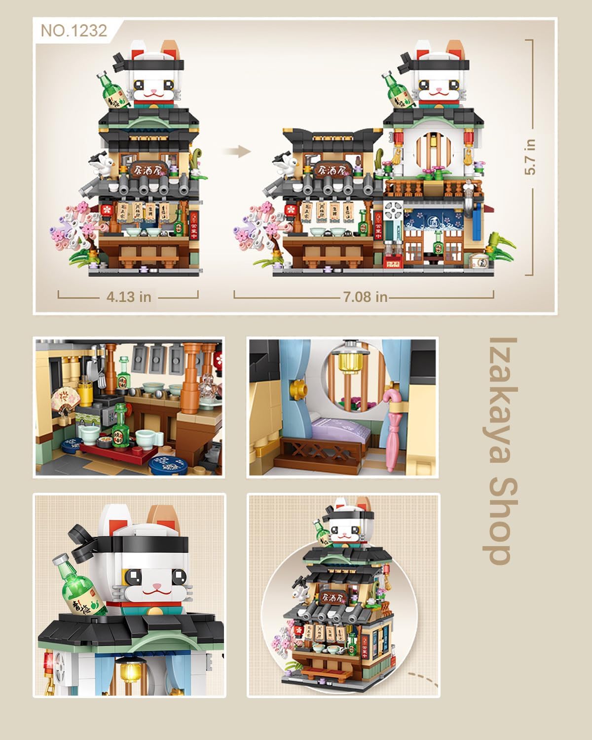 The Izakaya shop building set displayed on a desk, showing its use as a decorative item. A calendar and other desk items are in the background.
