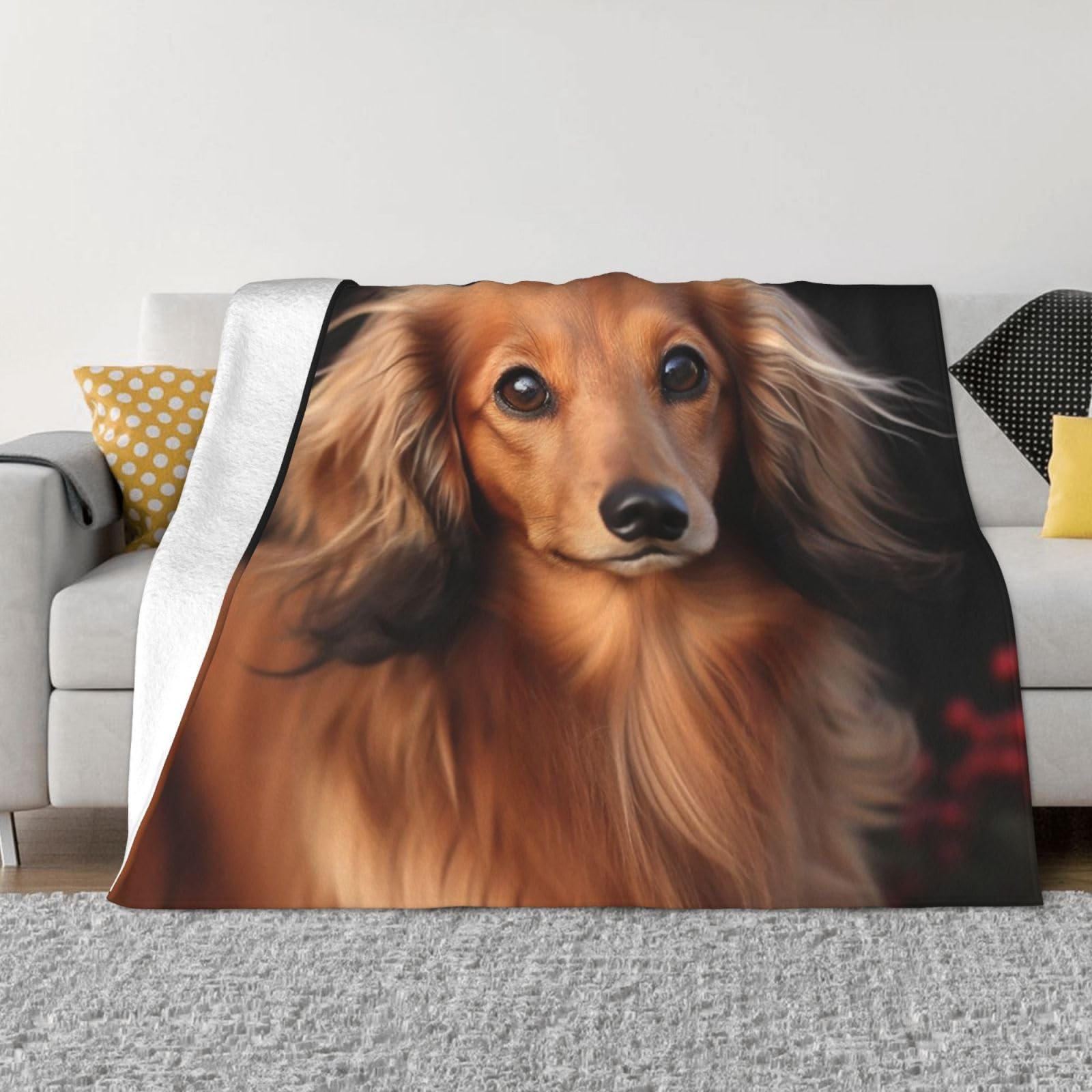 Fodpand Black Long Haired Dachshund Flannel Blanket 50"X40" - Ultra-Soft Lightweight Throw Blanket For Bed, Sofa, And Couch - Luxury Air Conditioning Blankets - Cozy Warm Blankets For All Seasons