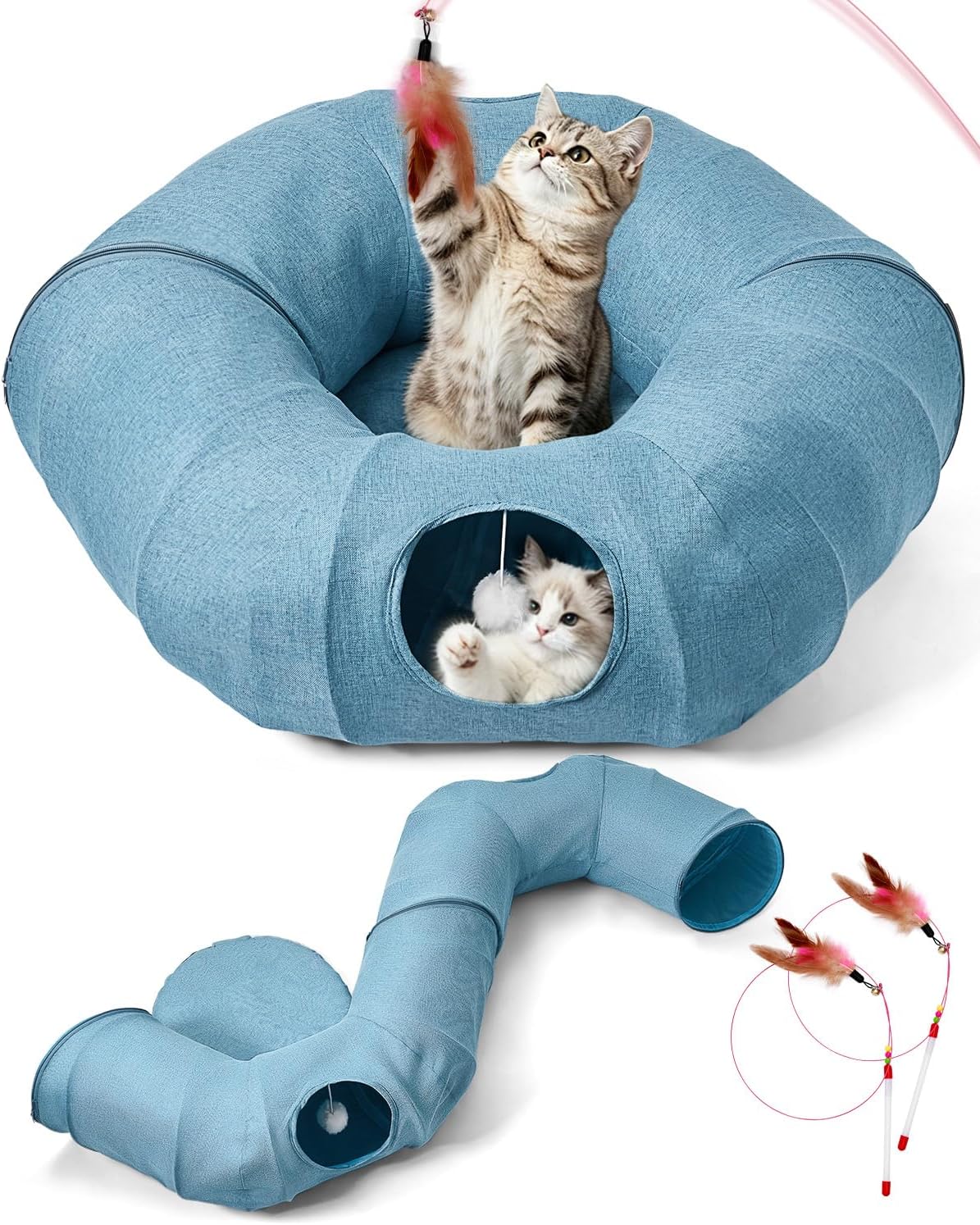 Linen Cat Tunnels with Central Cat Bed, Interactive Cat Toys Detachable Washable Soft Mat Large Indoor Play Tunnel Cave for Kittens, Cats and Small Animals