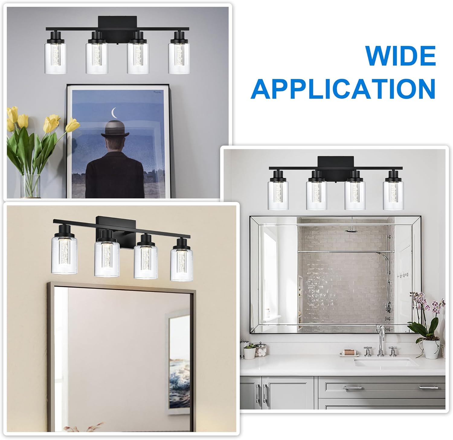 MELUCEE 4-Light LED Bathroom Lighting Fixtures Over Mirror, Dimmable LED Vanity Light for Bathroom 3000K-6000K Black Bath Wall Lights with Crystal Bubble Clear Glass Shade, Built-in LED Chips