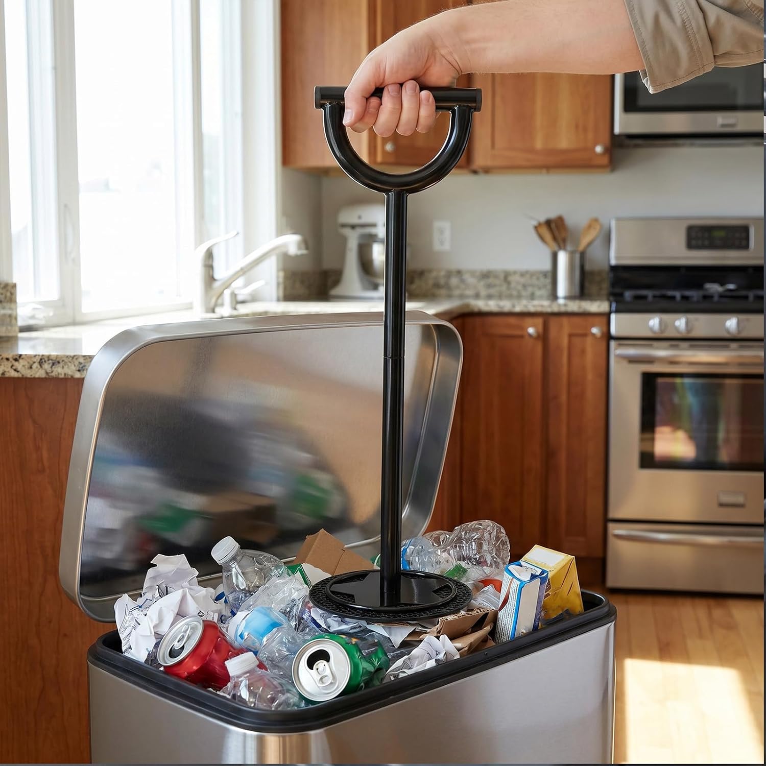 Operitacx Manual Trash Compactor, Touchless Trash Can Compactor, Labor-Saving for Kitchen Garden Office Restaurant Garbage Bin Black