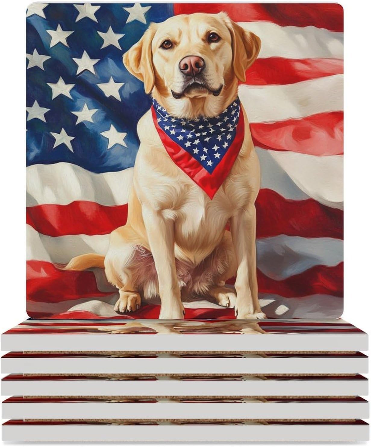 Labrador Dog U.S. Flag Funny Ceramic Coasters for Drink Absorbent Cup Holders Tabletop Protection