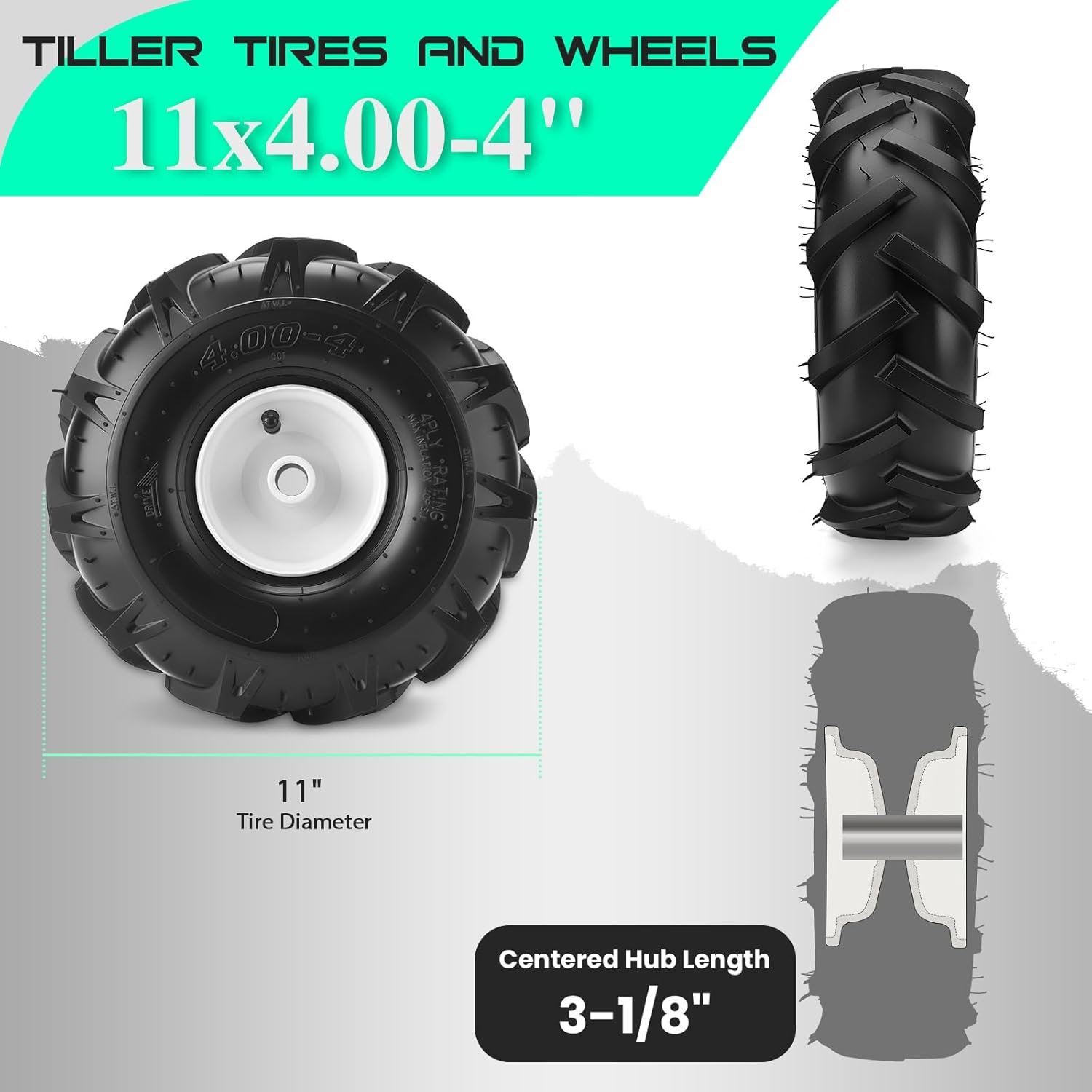11x4.00-4" Tiller Tires and Wheels, (2-Pack 3/4" Axle Bore, 3-1/8" Centered Hub) 11x4.00-4" Tiller Tires Replacement for Craftsman & Troy-Bilt Garden Tractors, Tillers & Trenchers