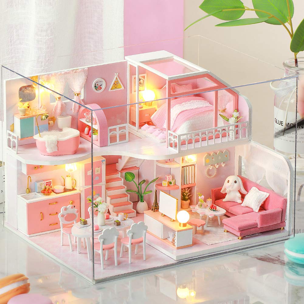 Miniaturowy Domek dla Lalek z Meblami, Drewniany Domek dla Lalek 3D DIY ze światłami LED dla przyjaciół Rodziny Dzieci (z osłoną przeciwpyłową)