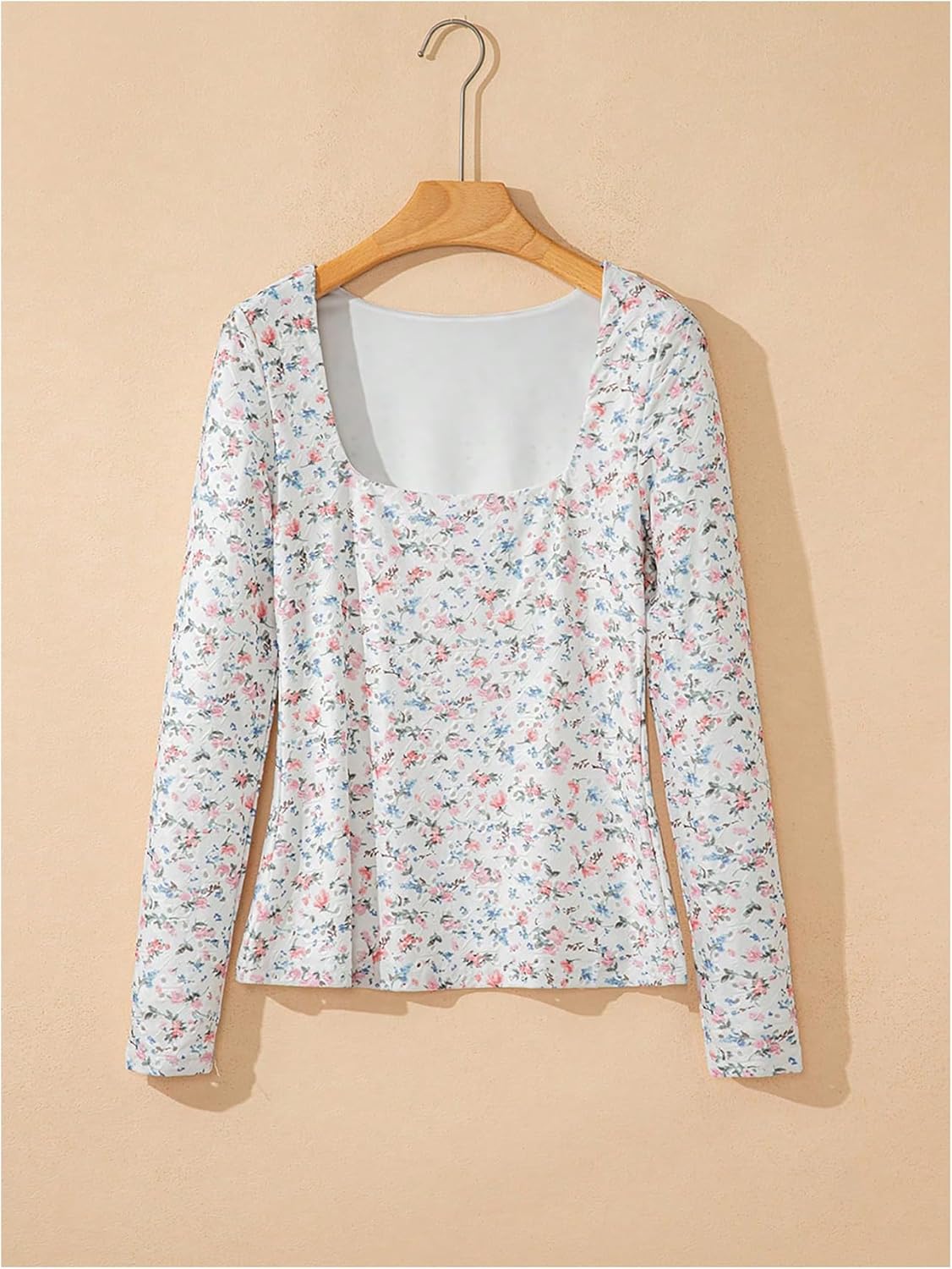 Women's Floral Fitted Top Square Neck Long Sleeve T Shirts Undershirts Cute Tops - Image 3
