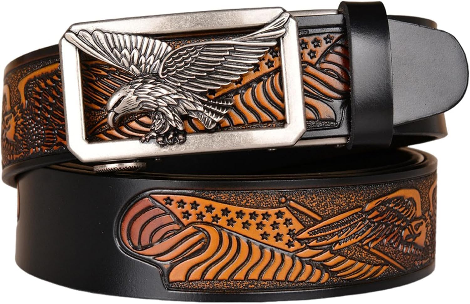 Ceinture cliquet homme cuir de vachette noir avec boucle automatique argent 130cm