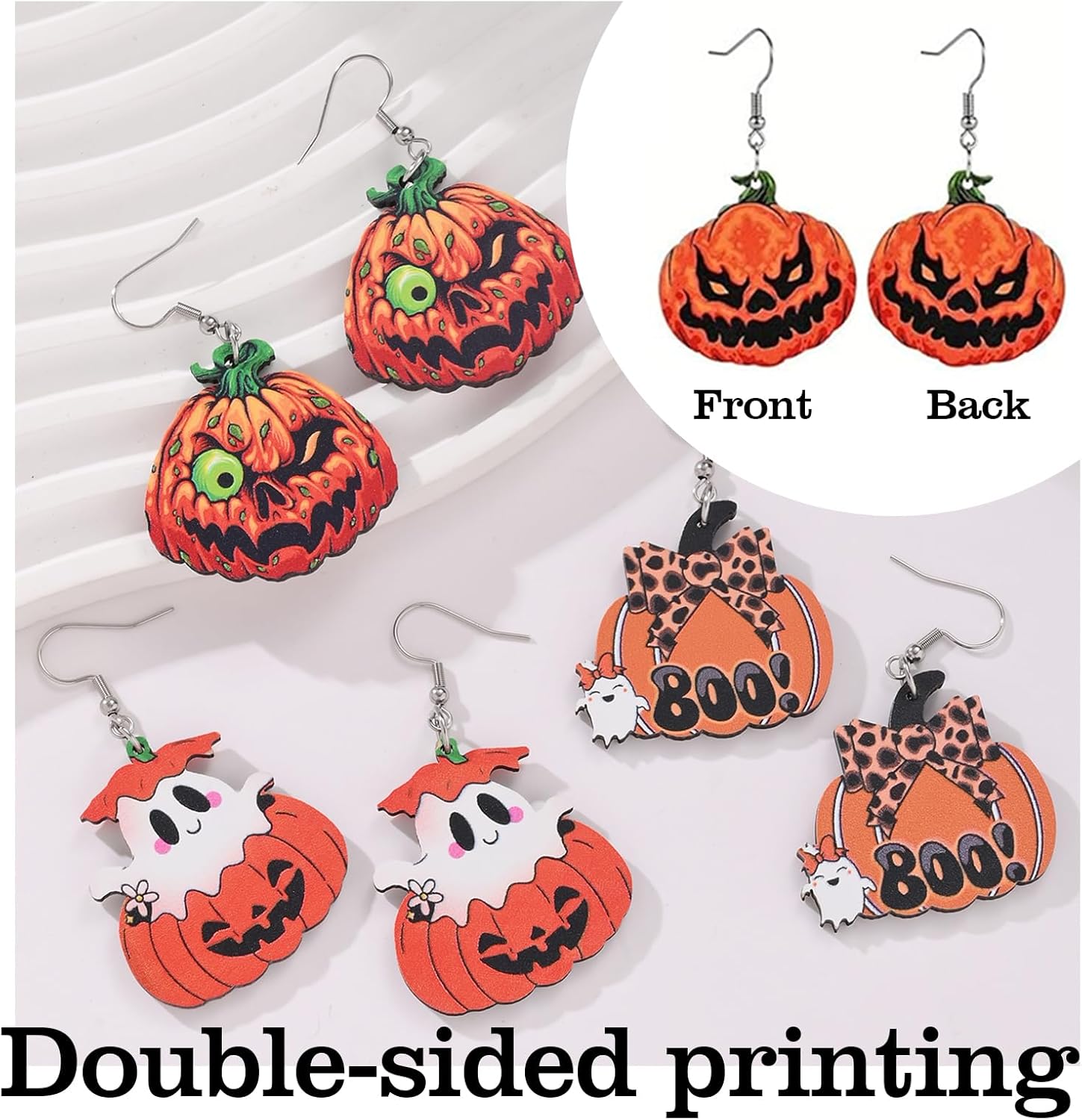 Halloween Earrings for Women Wooden Double Painted Punmpkin Funny Halloween Holiday Drop Earrings Jewelry Gifts Accessories - Image 3