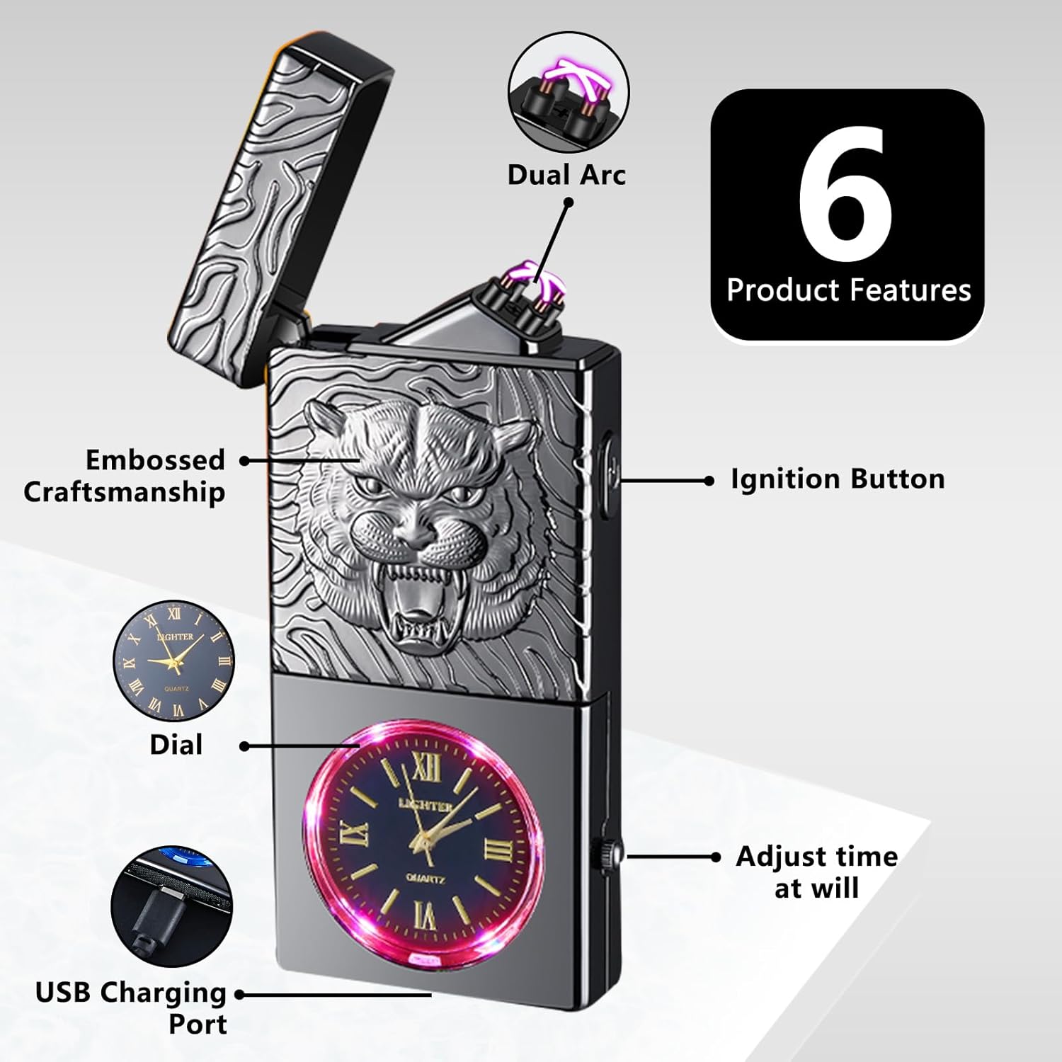 Electric Lighter USB Rechargeable Lighter, Windproof Plasma Dual Arc Lighters, Flameless Cool Clock Lighters with LED Battery Indication for Candles, Incense Stick, Outdoor Use (Black, Tiger)