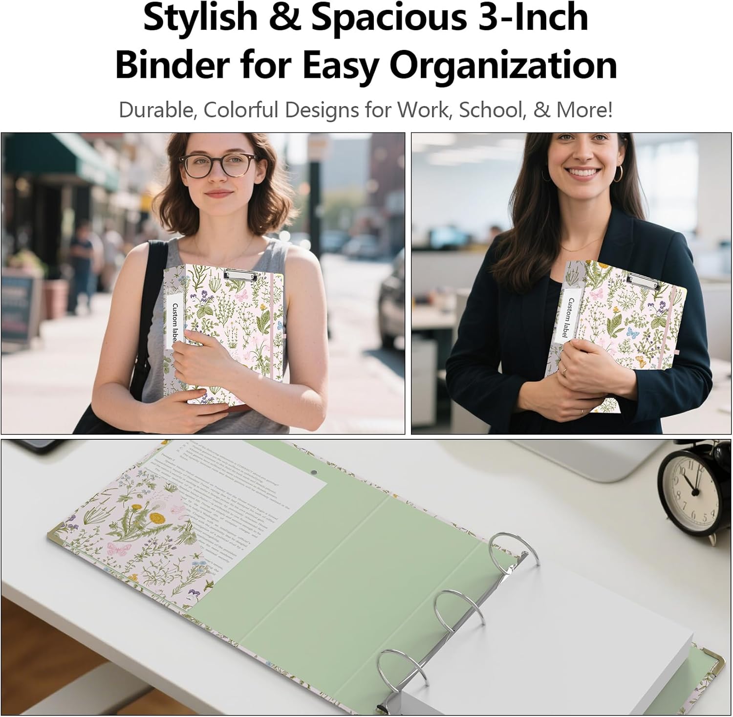 3 Ring Binder 3 Inch, Cute Round Ring Binders with 6 Tab Dividers, Labels Stickers, Low Profile Clipboard with Storage, Fashion Binder School Office Supplies(Wild Flowers)