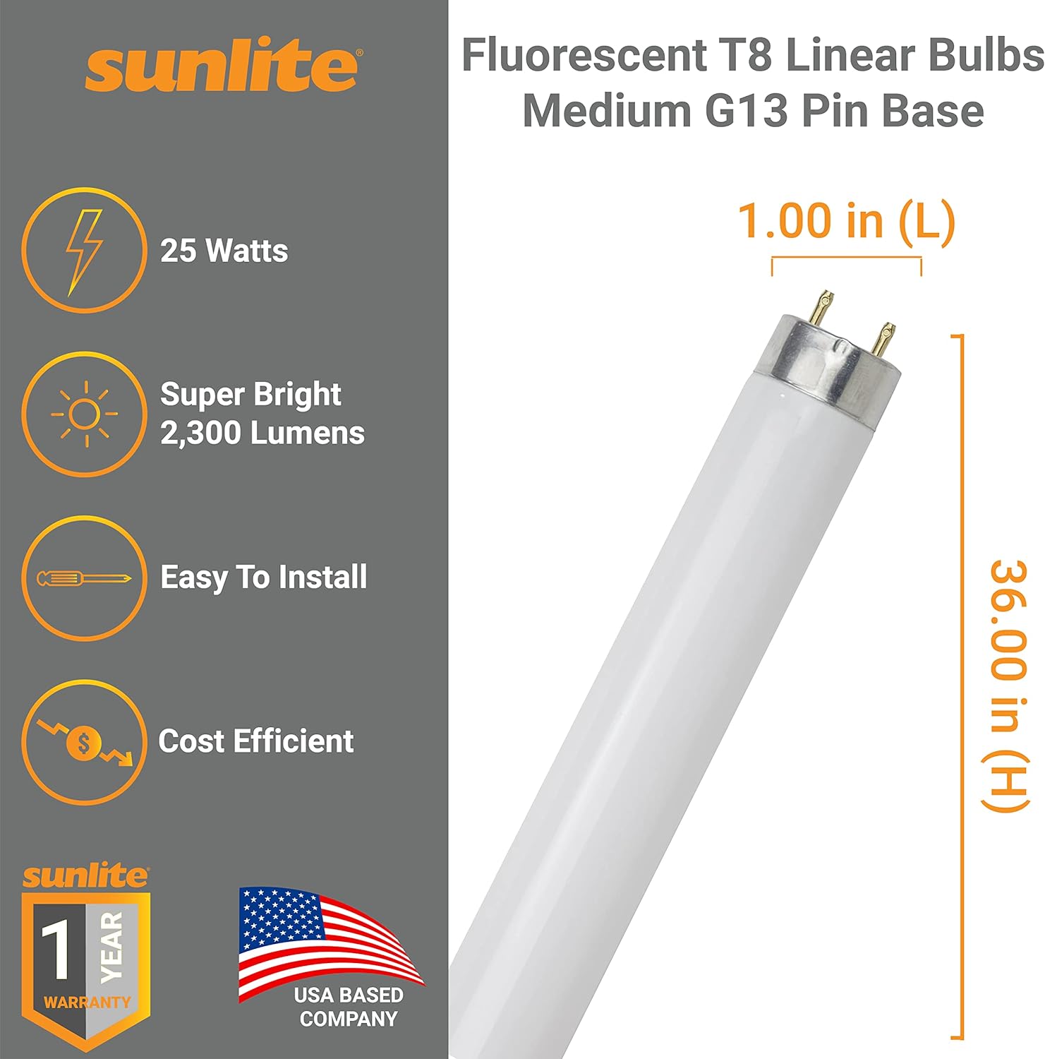 Sunlite 30155 3 Foot T8 Linear Fluorescent Lamp, 25 Watts, 2300 Lumens, F25T8/SP841, 4100k Cool White, Medium G13 Bi-Pin Base, ROHS Compliant, High Performance Straight Tube, 30 Pack
