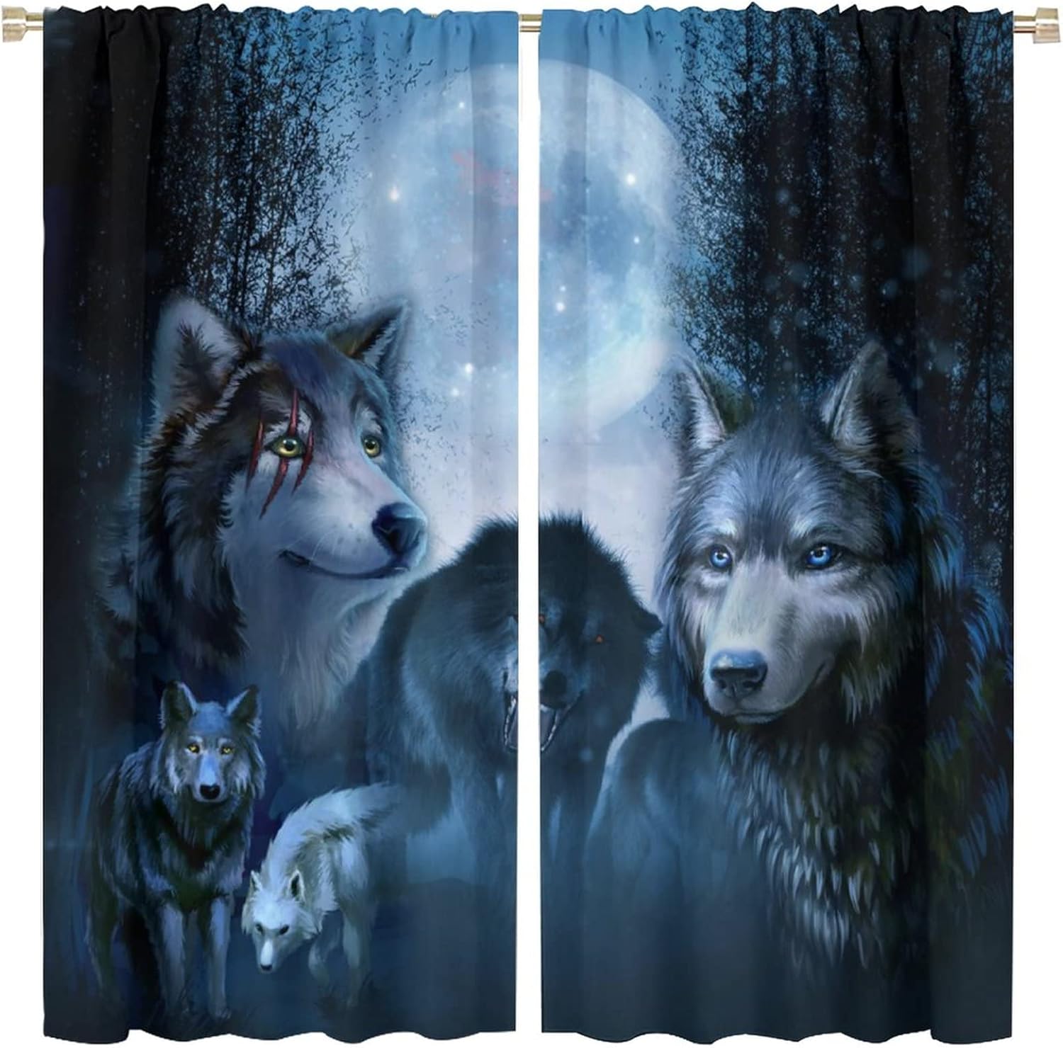 Gothic Wolf Rod Pocket Blackout Curtains for Living Room,Thermal Insulated Room Darkening Fantasy Forest Night Full Moon Cool Wolf Theme Window Treatment Drapes,2 Panels 84L x 42W