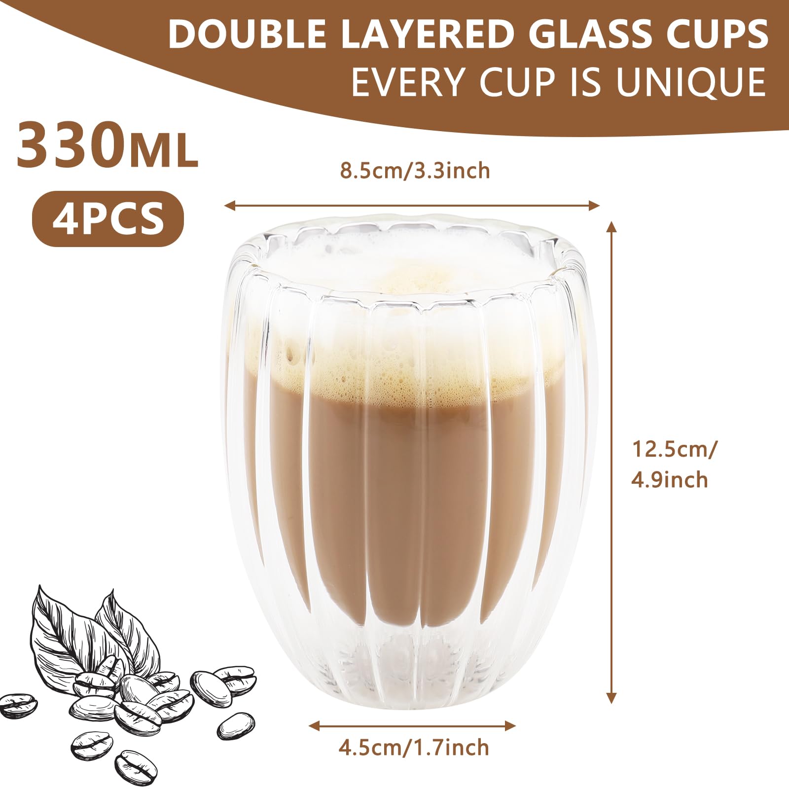 ecooe 240ml*2 Tazza Caffè Doppio Vetro Borosilicato,Bicchieri da Caffè a Doppia Parete con