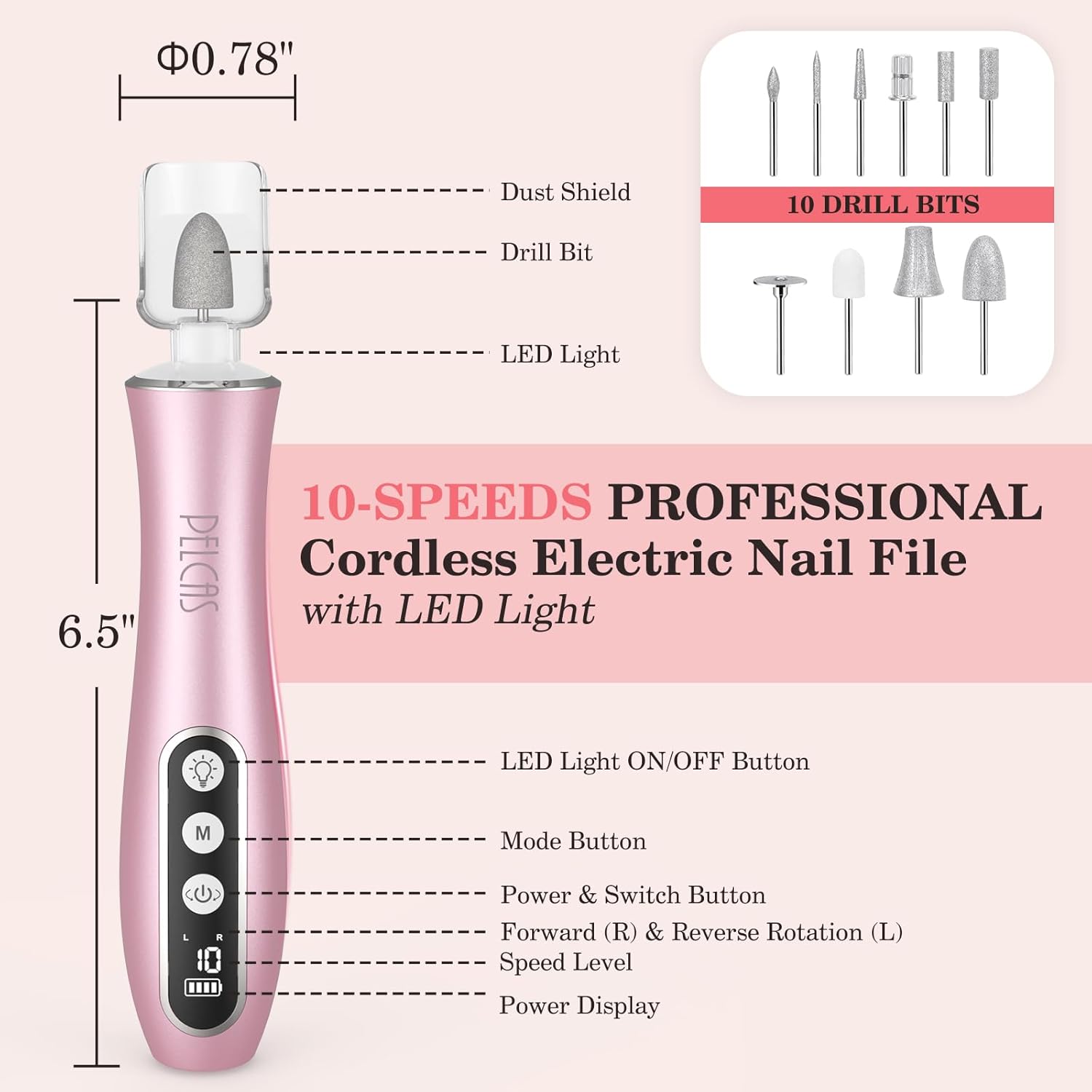 PELCAS Electric Nail File, 10 Speeds Cordless Nail Drill Kit with LED Light, Professional Nail Grinder with LCD Screen Portable e File for Human, Pet, Thick Toenails, Natural & Acrylic Nails Pink - Image 6