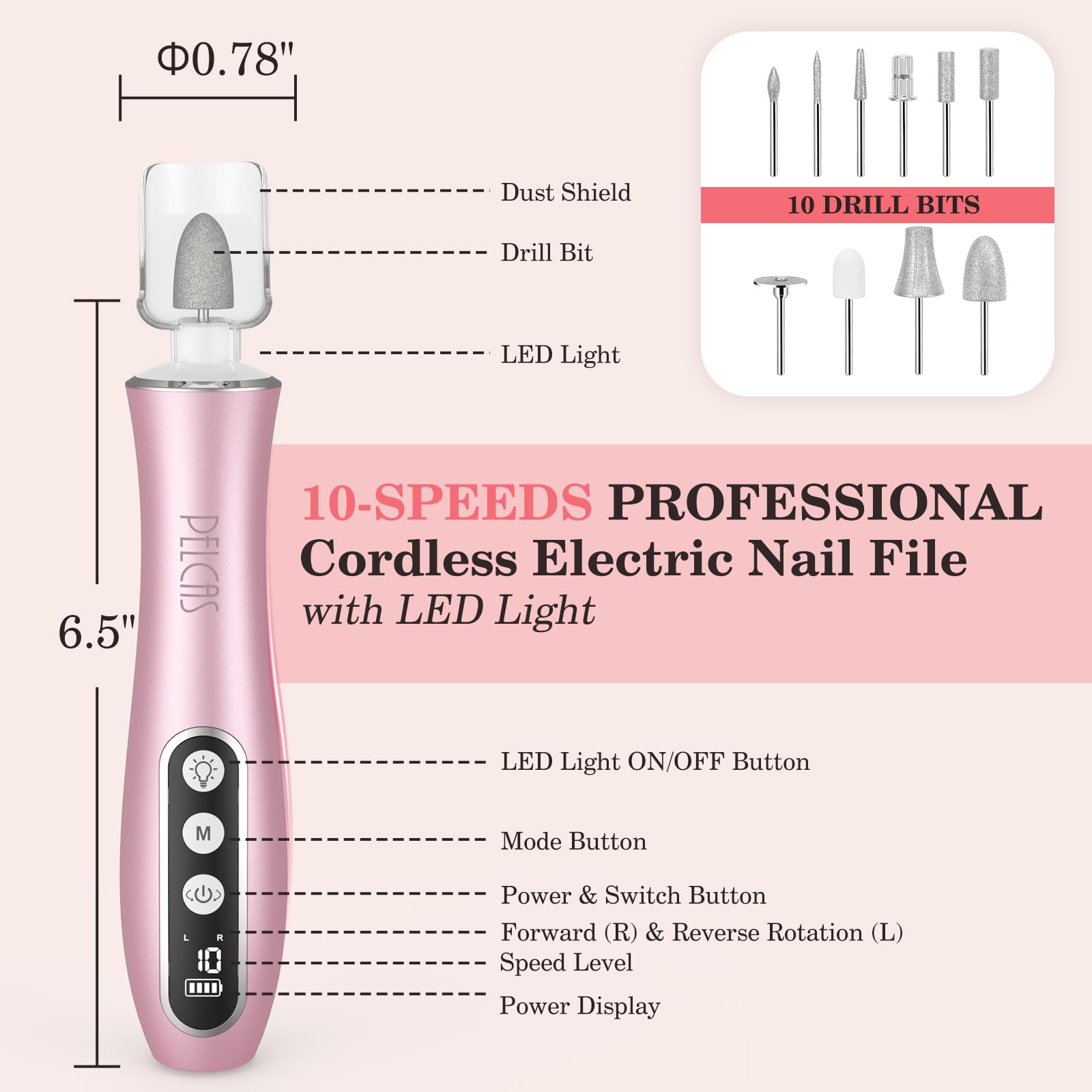 PELCAS Cordless Electric Nail Drill Kit with Light, LCD Display and 10 Speeds