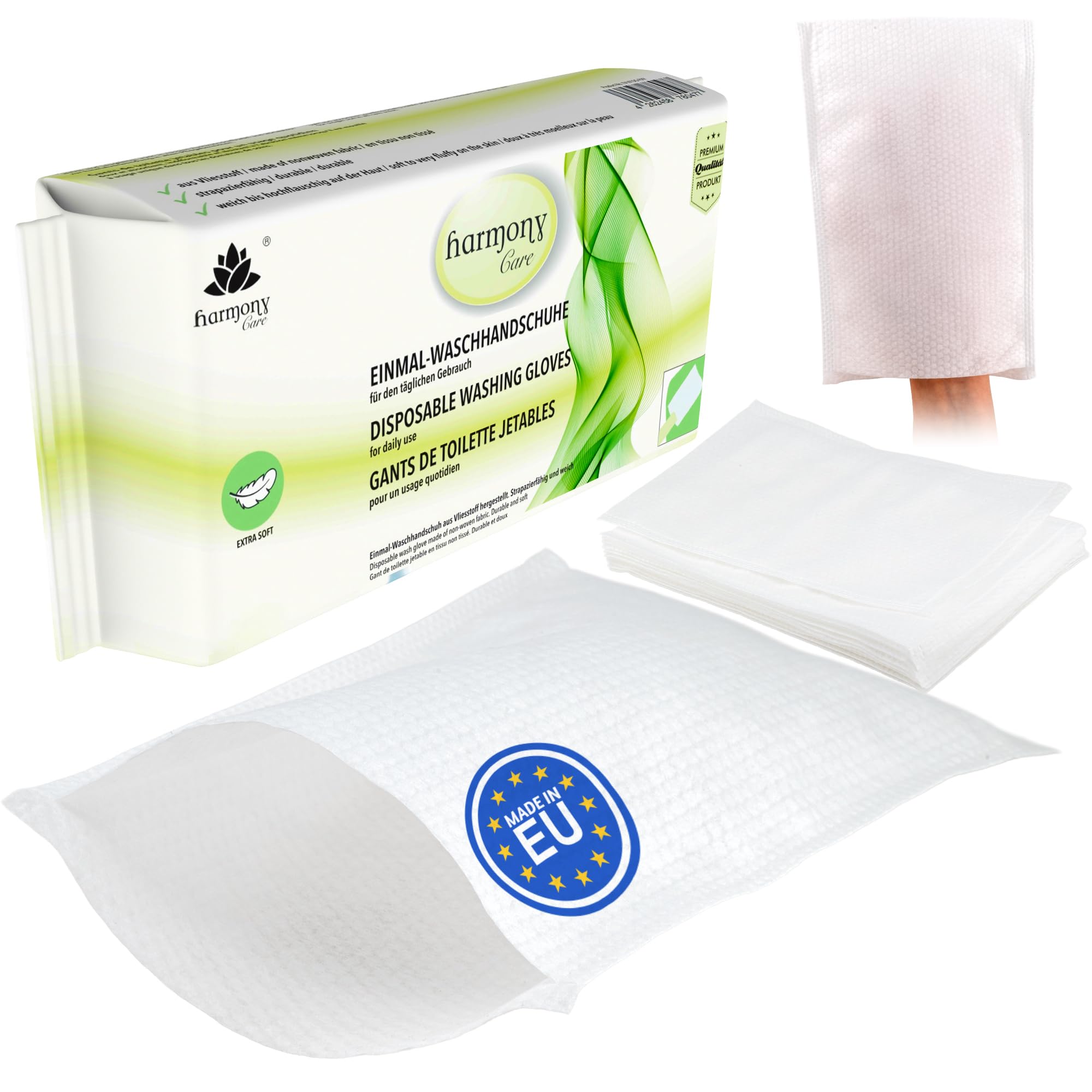 Harmony Care® - 50 x trockene Einmal Waschhandschuhe aus weichem Premium Spunlace, Einmalwaschlappen für Erwachsene Pflege & Babys - extra dicke reizfeste Waschlappen einweg