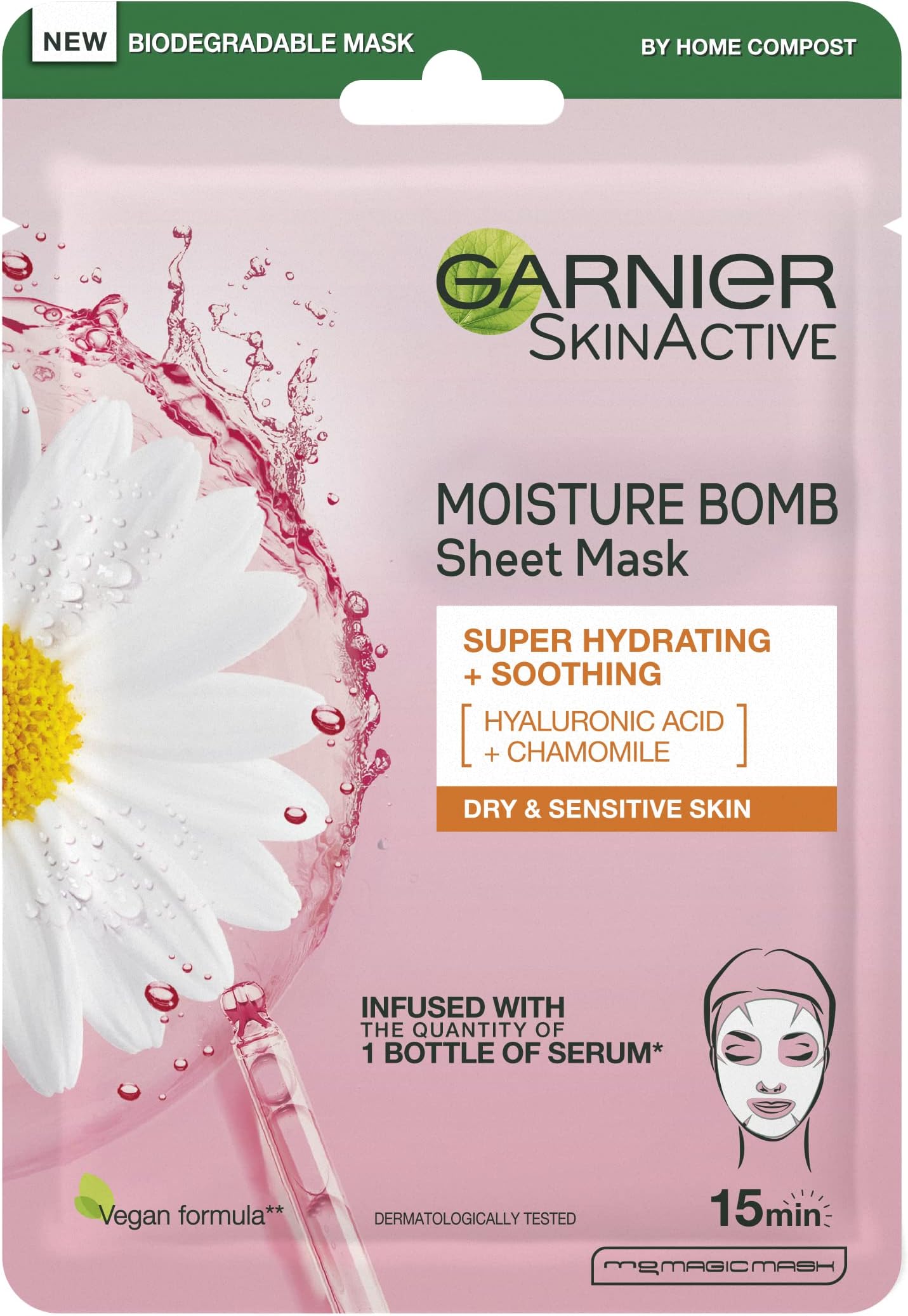Moisture Bomb Chamomile and Hyaluronic Acid Sheet Face Mask, Hydrating & Soothing Face Sheet Mask, For Sensitive Skin, Cruelty Free &Vegan Tissue Mask, 28g
