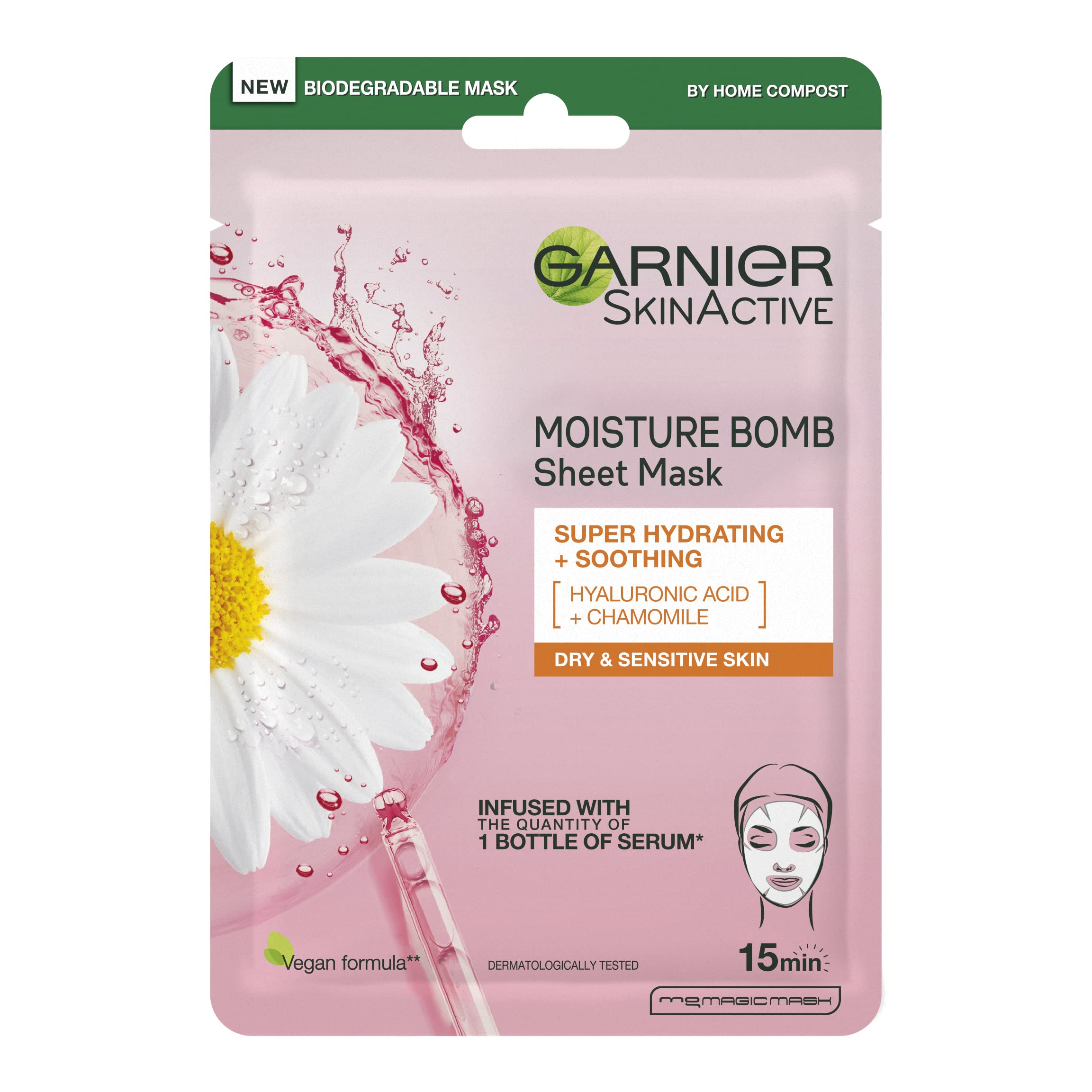 Garnier Moisture Bomb Chamomile and Hyaluronic Acid Sheet Mask, Hydrating & Soothing Face Mask, For Sensitive Skin, Biodeg...