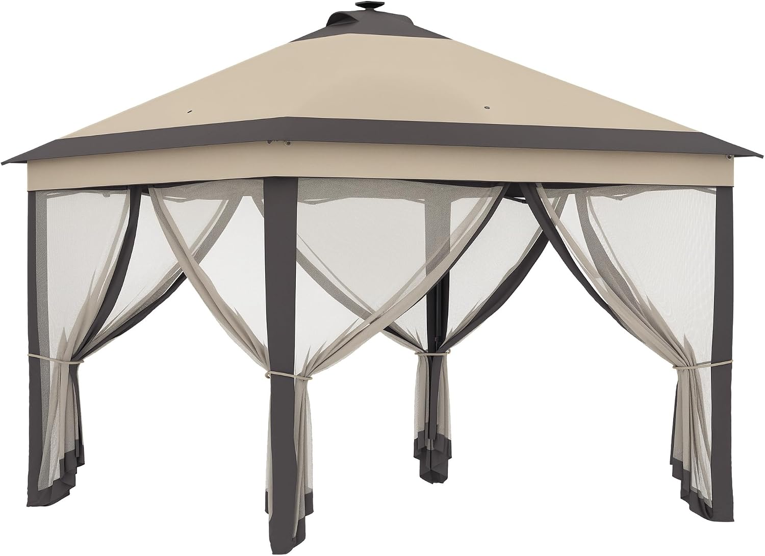 Outsunny 11' x 11' Pop Up Canopy, Instant Canopy Tent with Solar LED Lights, Remote Control, Zippered Mesh Sidewalls and Carrying Bag for Backyard Garden Patio, Beige