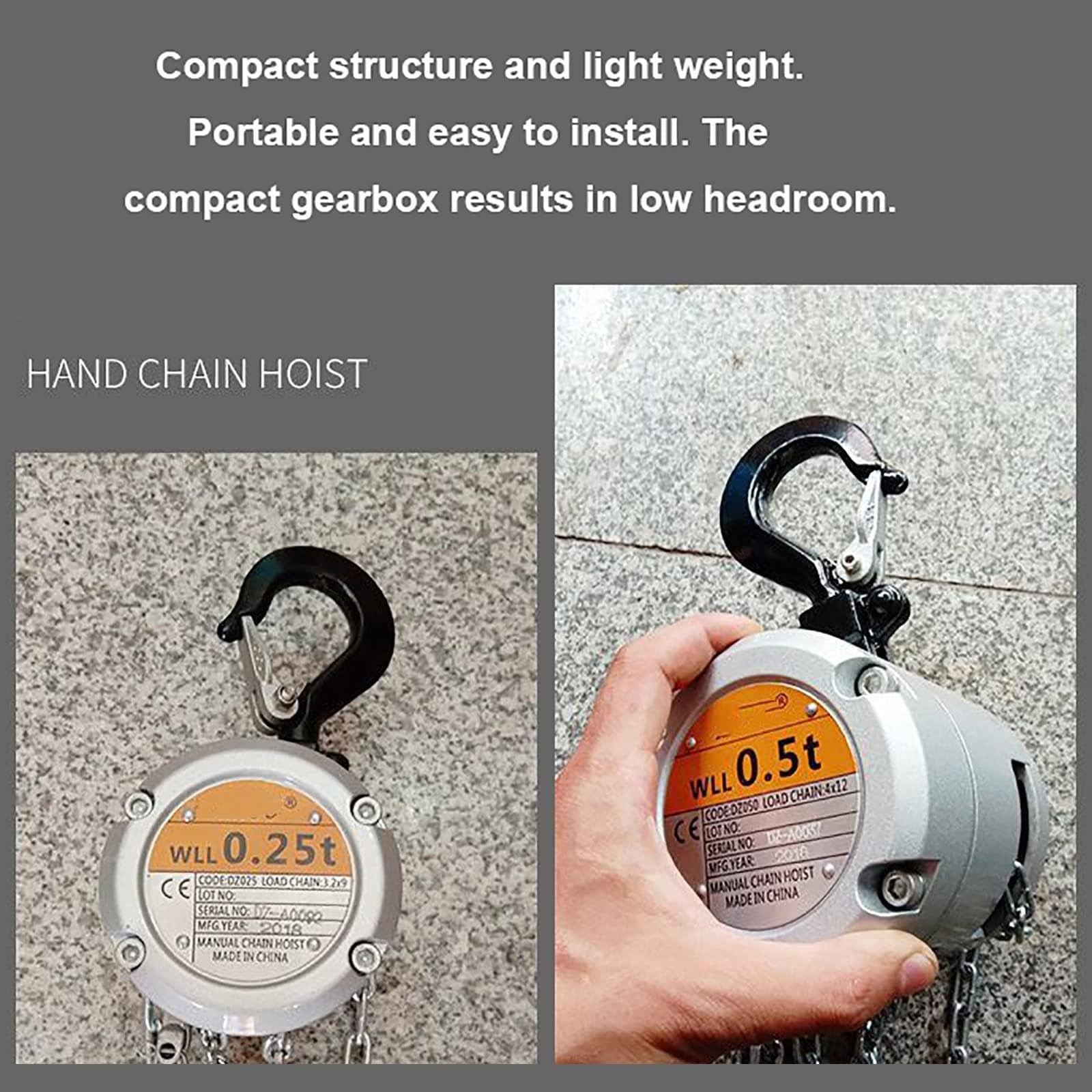 3-M Chain Hoist, 250kg/500kg Single Chain Light Hand Hoist Miniature Inverted Chain, Manual Chain Block Hoist, for Warehouse Building Automotive Machinery,500KG*3M