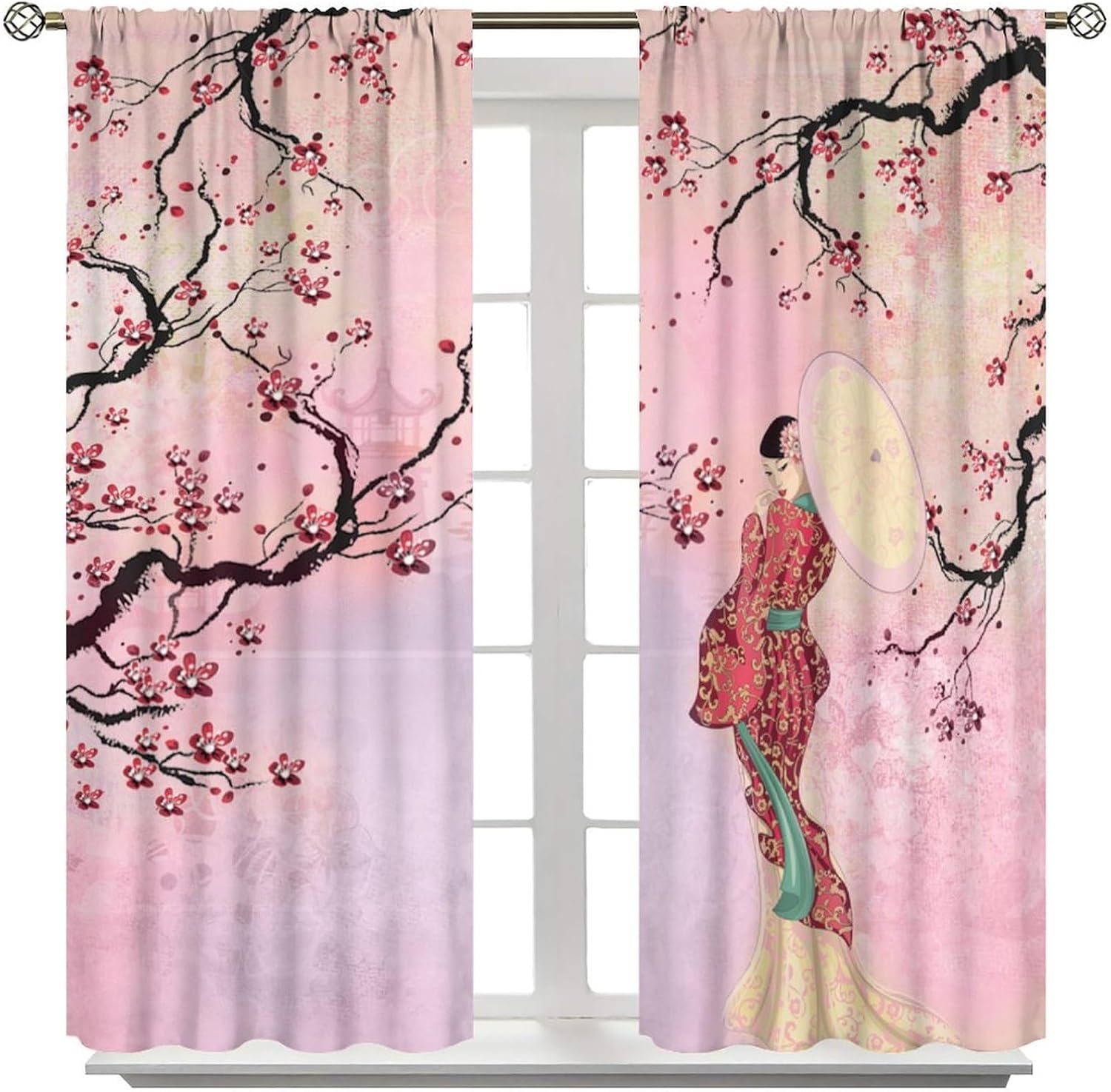 Japanese Geisha Curtains Asian Style Red Plum Blossom Ink Painting Window Treatments for Girls Bedroom Living Room Kitchen Rod Pocket Window Drapes 2 Panel Set,Total Size 52" x 84"