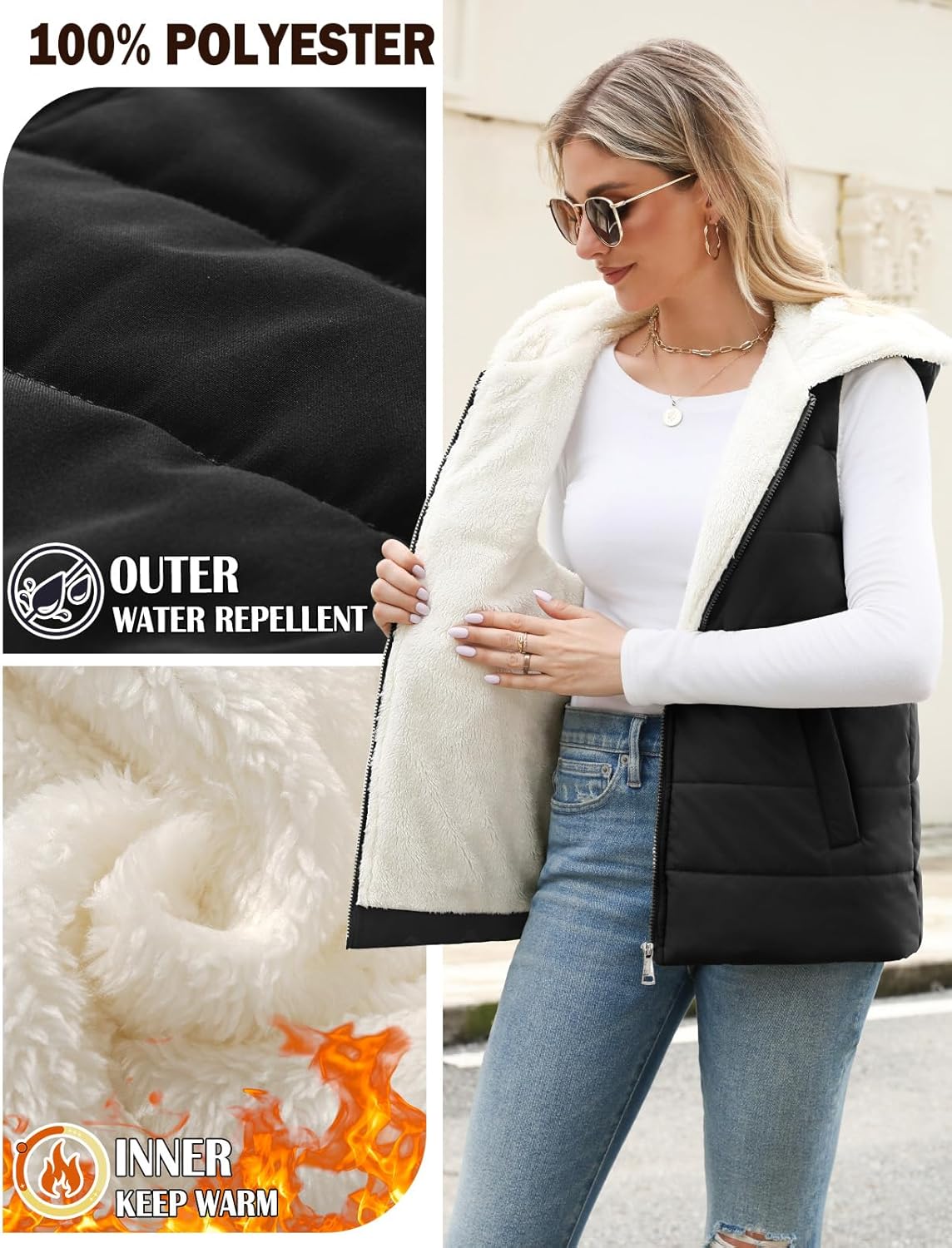 Womens Sherpa Fleece Vest Warm Sleeveless Jacket 2025 Winter Coat Fall Zip Up Hoodie Reversible Outwear with Pocket - Image 4