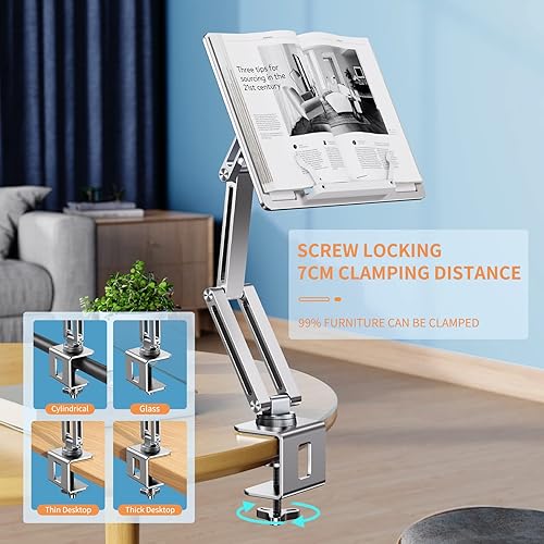 Miniatura 7 de SEZQMA Soporte ajustable para libros para lectura, brazo mecánico articulado multiarticulado, soporte para libro de cocina, soporte para libro de