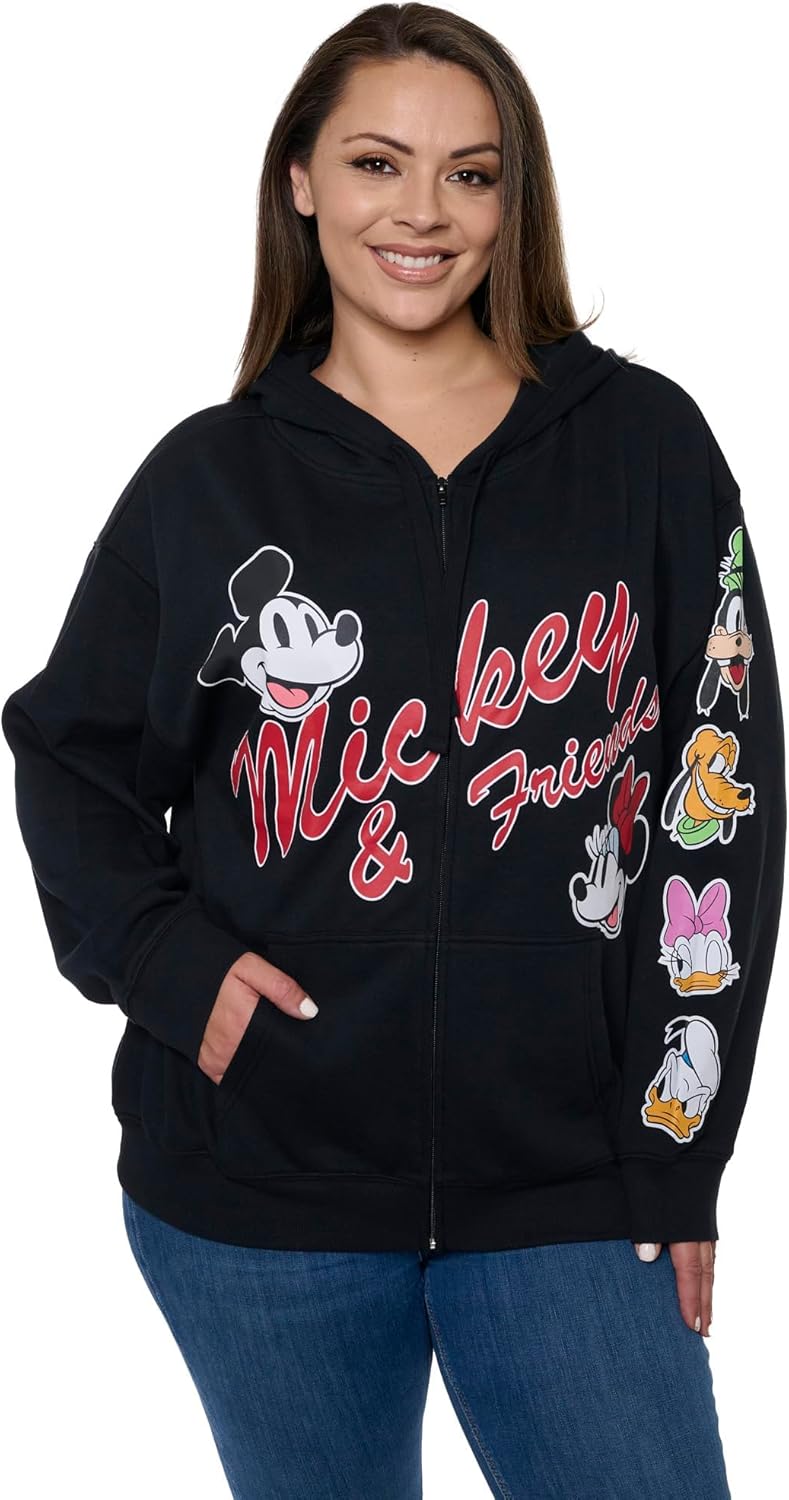 Disney Mickey Mouse Women's Zip Hoodie Black Fleece Sweatshirt Daisy Goofy Donald Pluto
