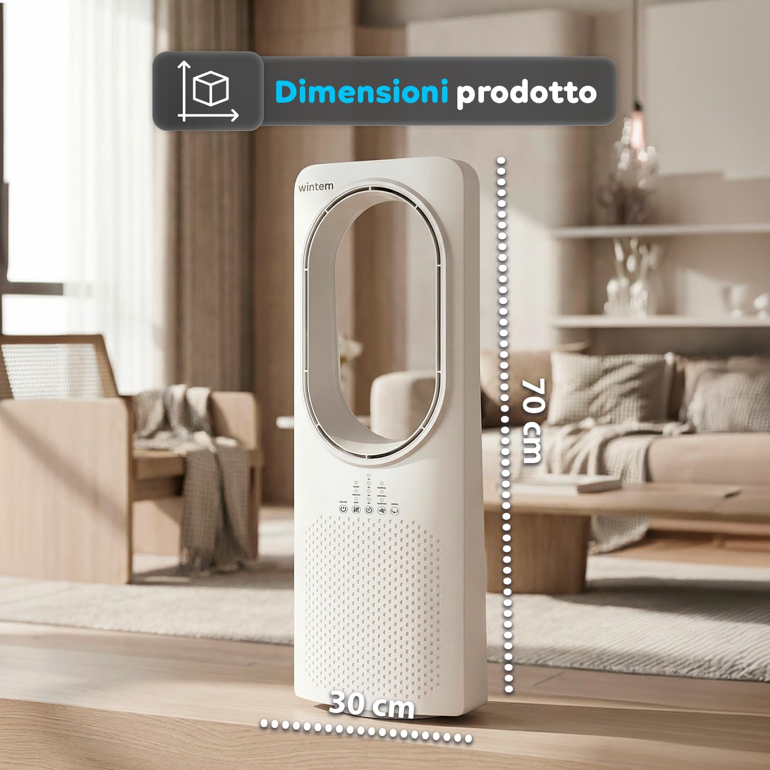 Wintem - Ventilatore a Torre Silenzioso Freezy Senza Pale con Telecomando, 3 Velocità, 3 Modalità, Timer 15 Ore e Oscillazione, Ventilatore da Terra con Display LED e Comandi Touch Intuitivi
