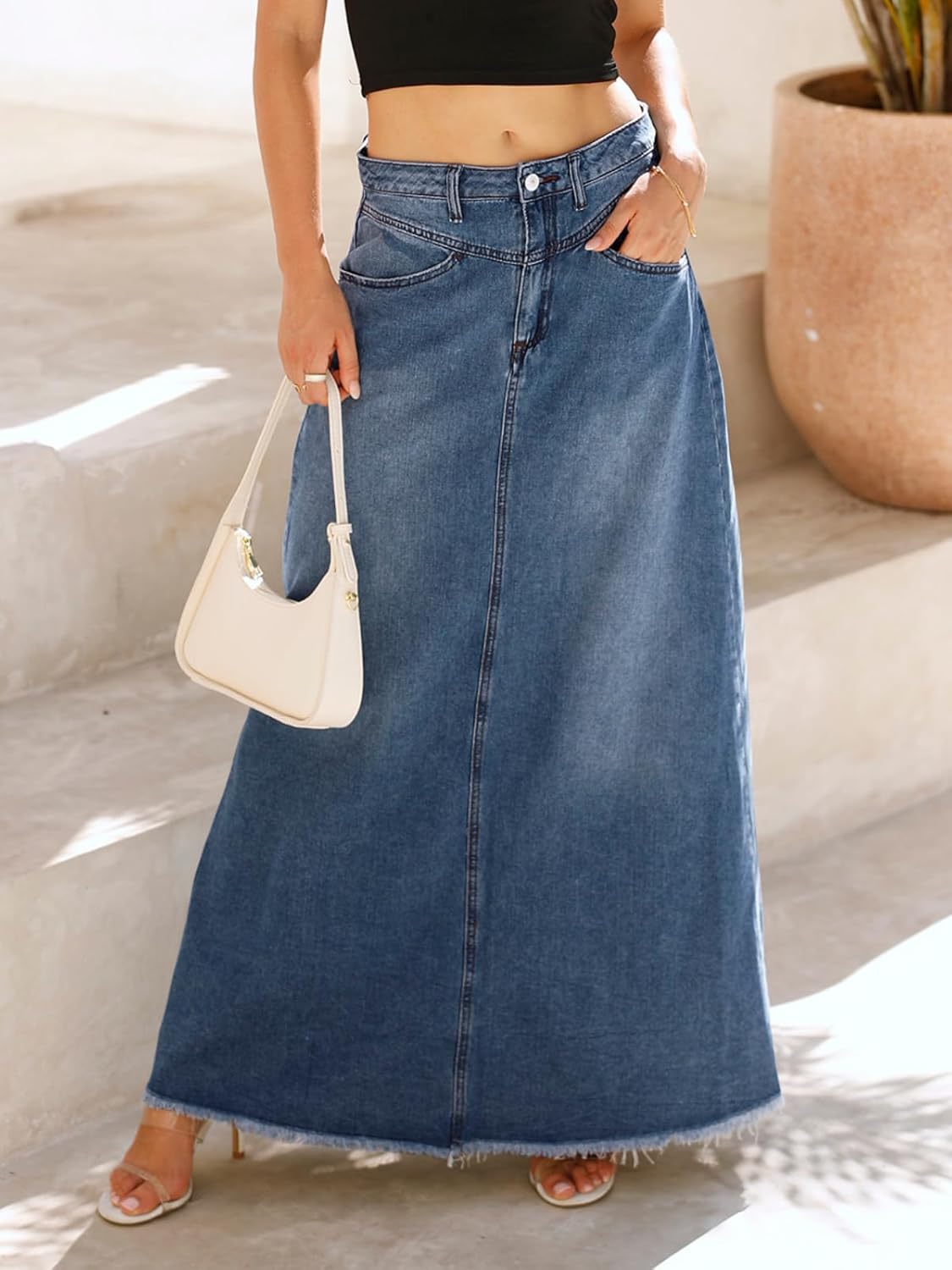 Fisoew Women's Vintage Denim Maxi Skirt Casual High Waist A-Line Frayed Hem Long Jean Skirt with Pockets - Image 2